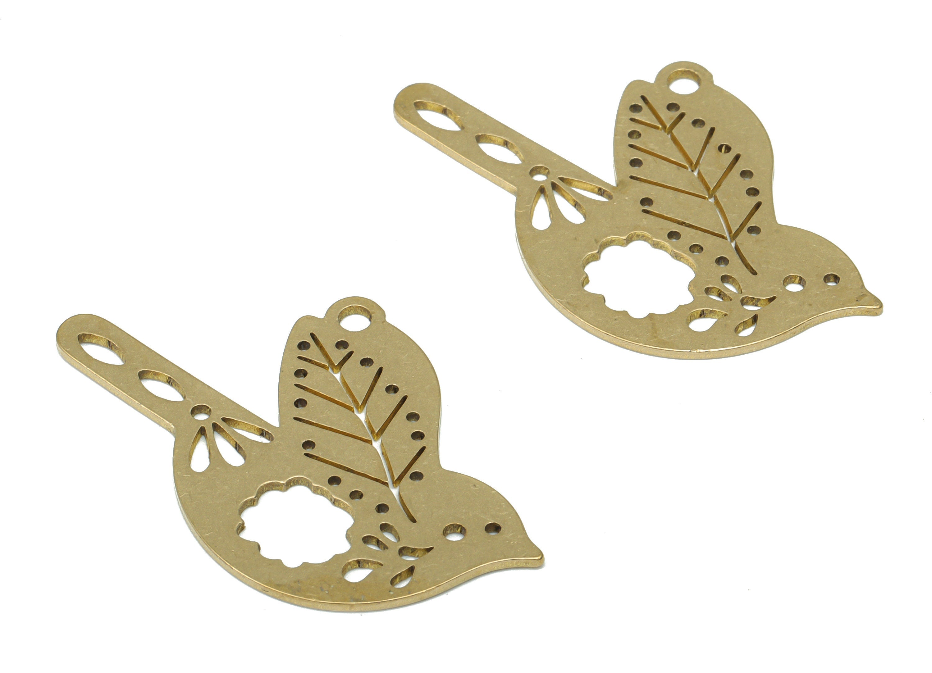 Brass Bubble Bird Leaf Earring Charms - Raw Brass Sparrow Flower Drop Oval Pendant - Jewelry Making Supplies - 35.95x19.36x0.75mm - PPA3225 - DOMEDBAZAAR
