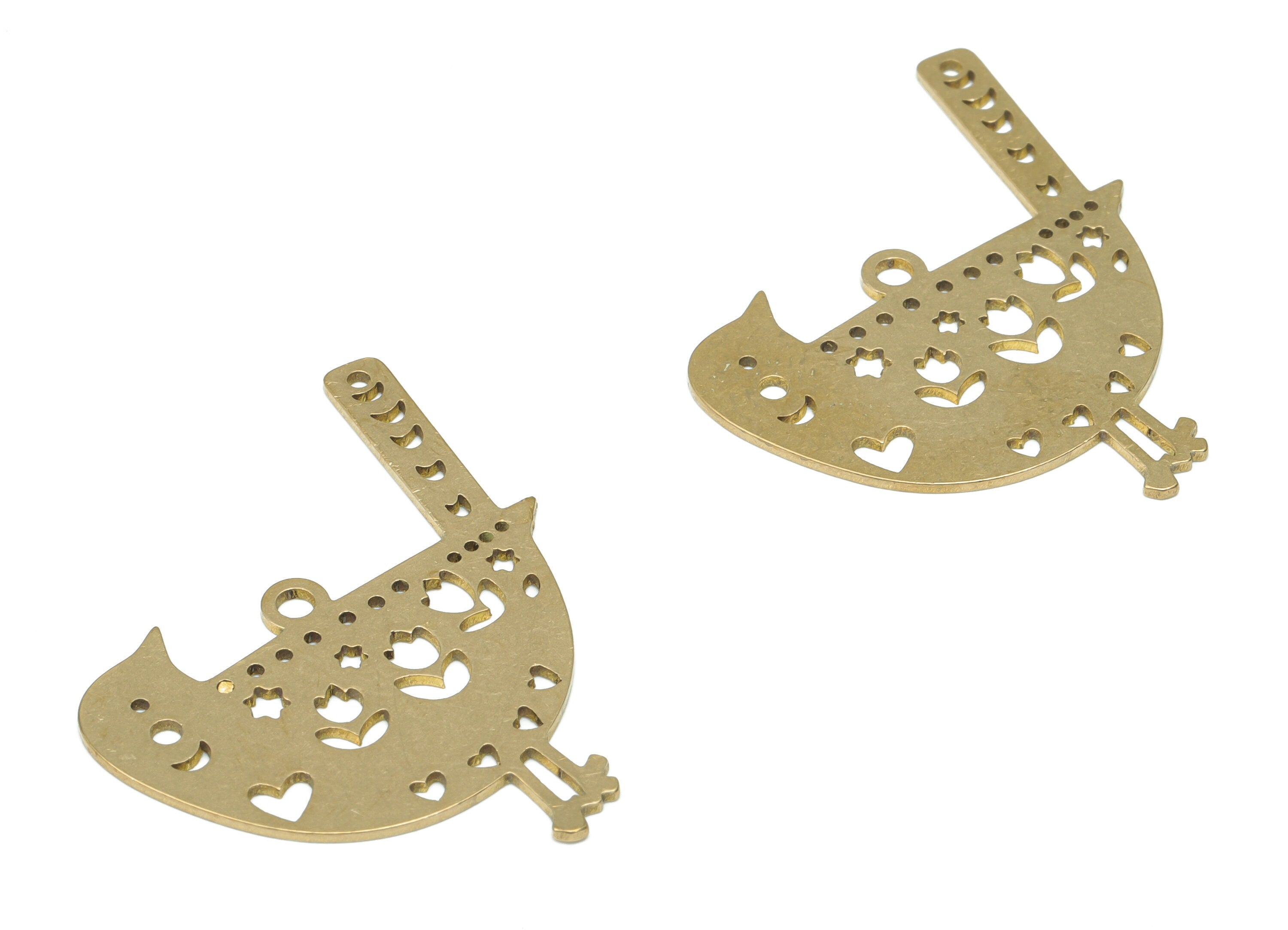 Brass Bird Crescent Chick Heart Earring Charms - Raw Brass Flower Star Moon Pendant - Jewelry Supplies - 35.38x30.29x0.74mm - PPA3253 - DOMEDBAZAAR