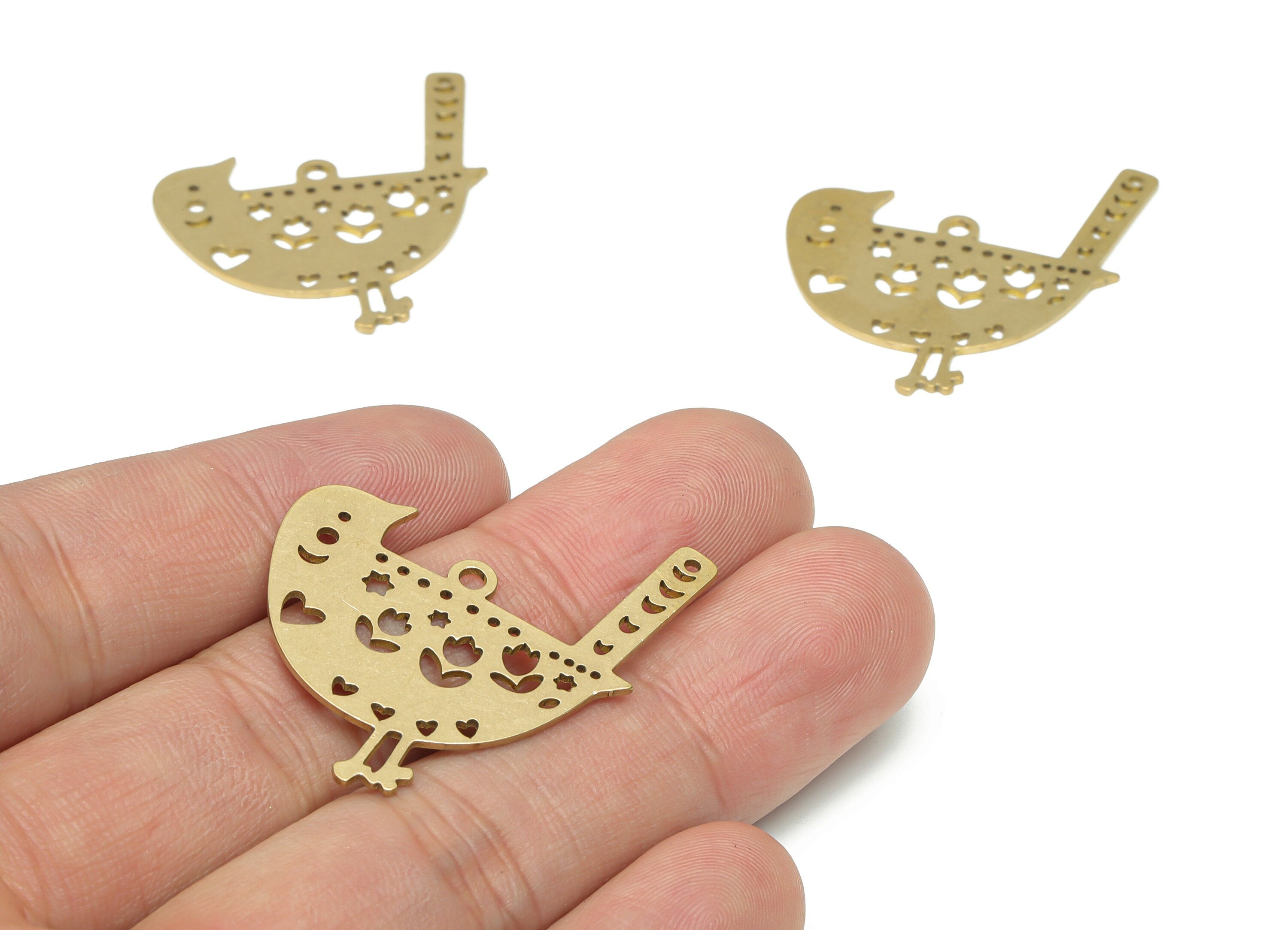 Brass Bird Crescent Chick Heart Earring Charms - Raw Brass Flower Star Moon Pendant - Jewelry Supplies - 35.38x30.29x0.74mm - PPA3253 - DOMEDBAZAAR