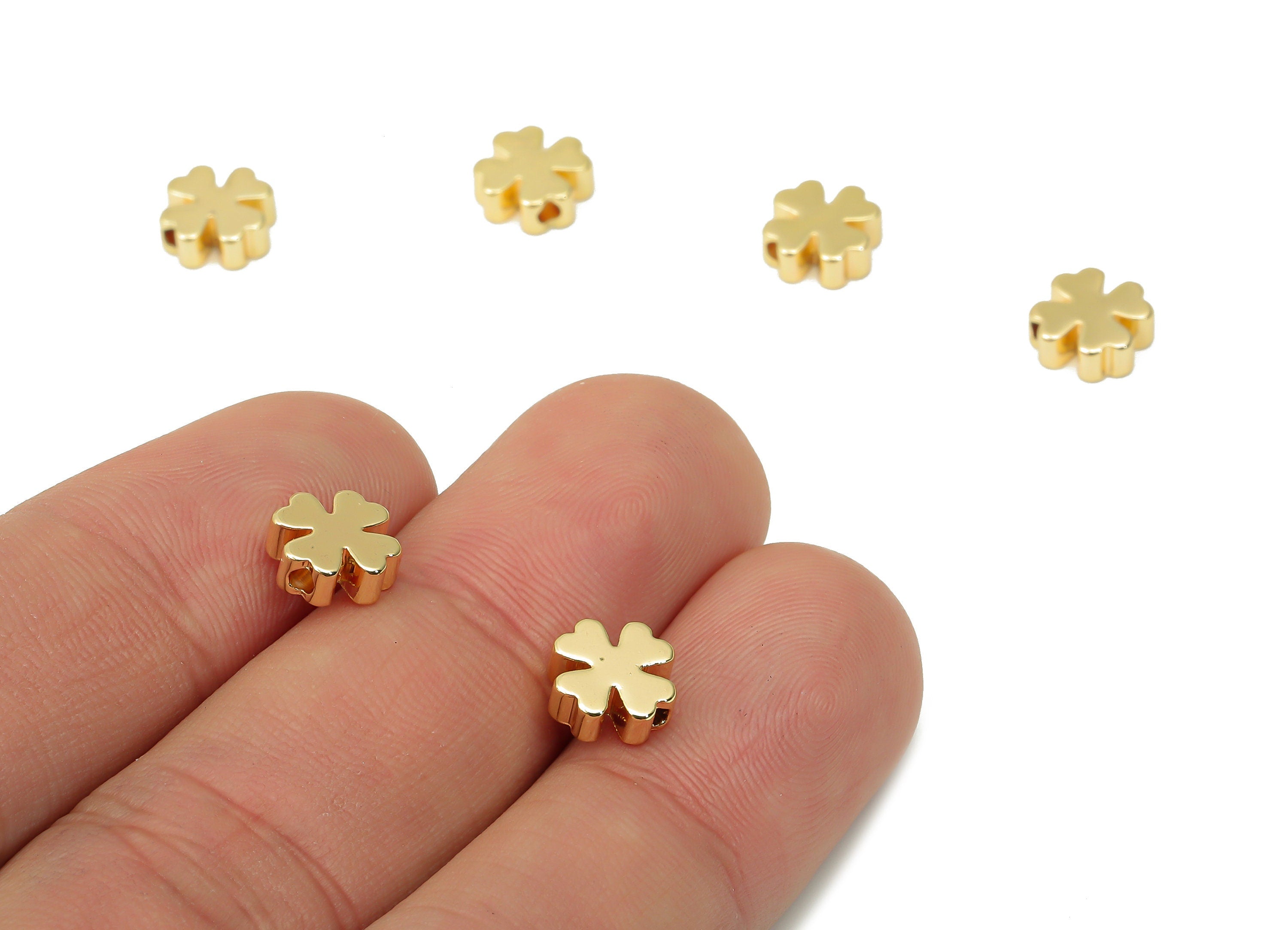 Gold Clover Beads – Brass Leaf Spacer Beads – Bracelet Beads - 18K Real Gold Plated Brass - Jewelry Making - 7.4x7.4x3mm - RGP4426 - DOMEDBAZAAR