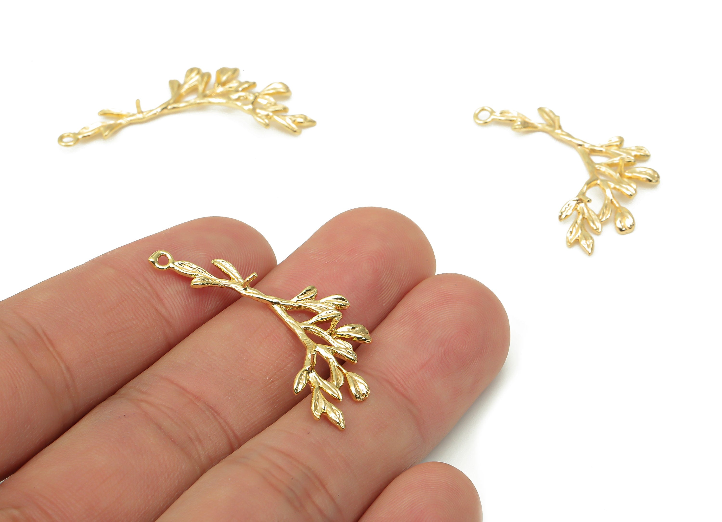 Brass Texture Branch Leaves Earring Charms - Gold Leaf Pendant - 18K Real Gold Plated Brass - Jewelry Making - 37.03x16.85x1.72mm - RGP4437 - DOMEDBAZAAR