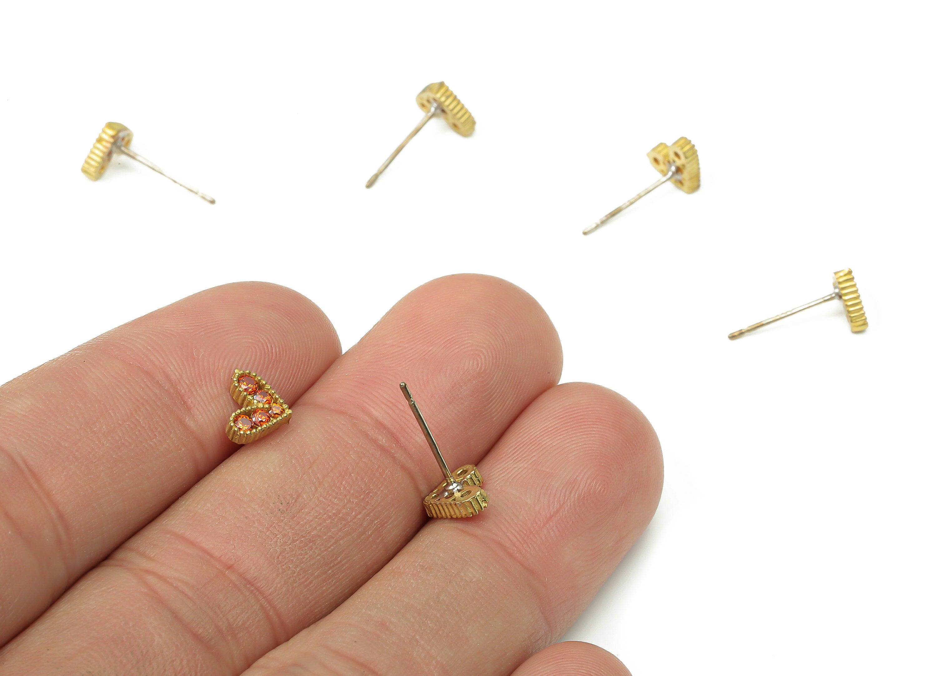 Brass Heart Earring Stud with Zircon - Raw Brass Heart Earring Post - Imitation Silver Stud - Jewelry Supplies - 7.26x5.7x1.74mm - PP7438 - DOMEDBAZAAR