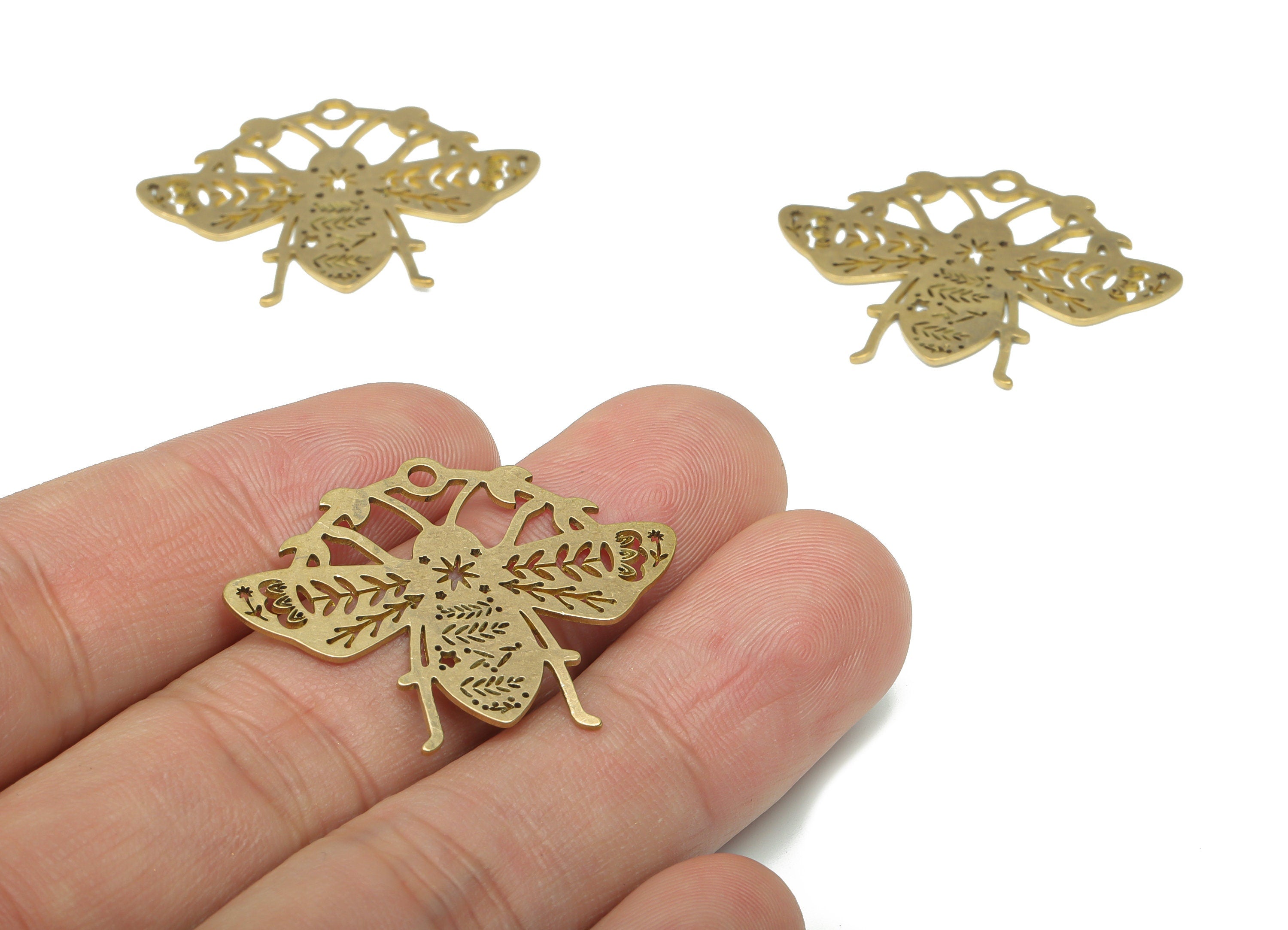 Brass Bee Flower Planet Grass Earring Charms - Raw Brass Star Phase Of The Moon Pendant - Jewelry Supplies - 34.69x26.64x0.64mm - PPA3059 - DOMEDBAZAAR