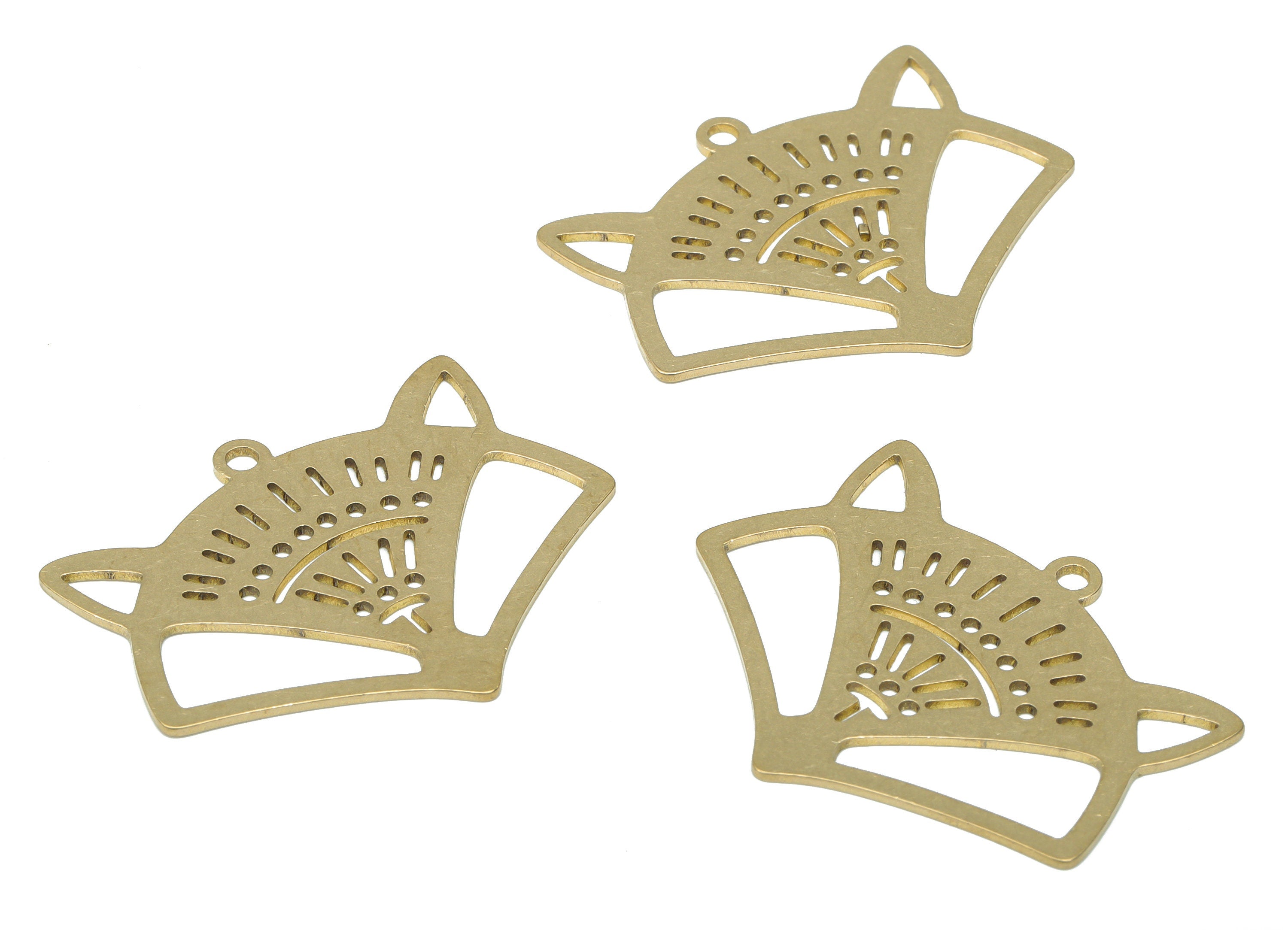 Brass Bubble Fox Head Earring Charms - Raw Brass Abstract Fan Pendant - DIY Jewelry Making Supplies - 35.75x28.3x0.76mm - PPA3386 - DOMEDBAZAAR