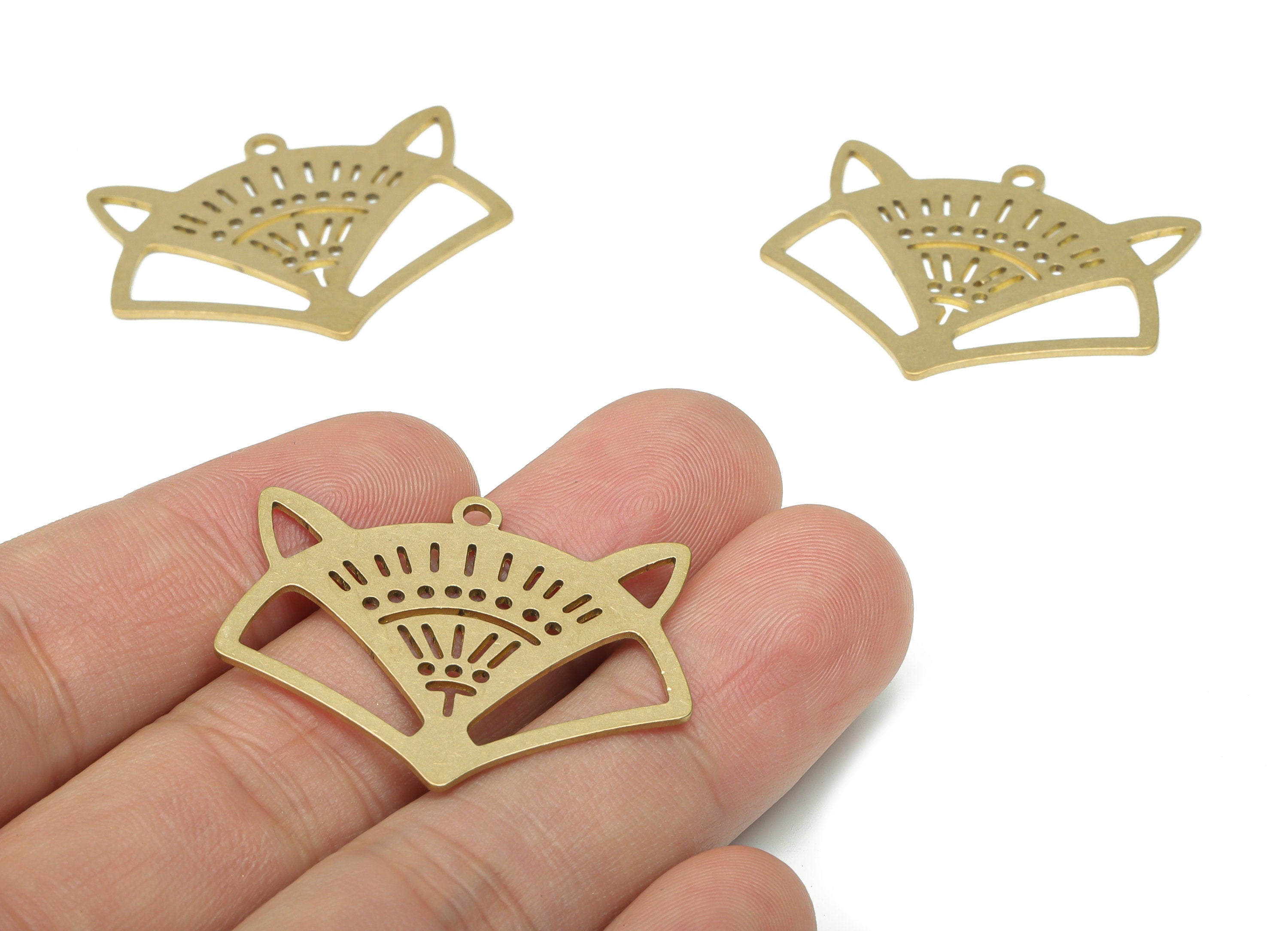 Brass Bubble Fox Head Earring Charms - Raw Brass Abstract Fan Pendant - DIY Jewelry Making Supplies - 35.75x28.3x0.76mm - PPA3386 - DOMEDBAZAAR