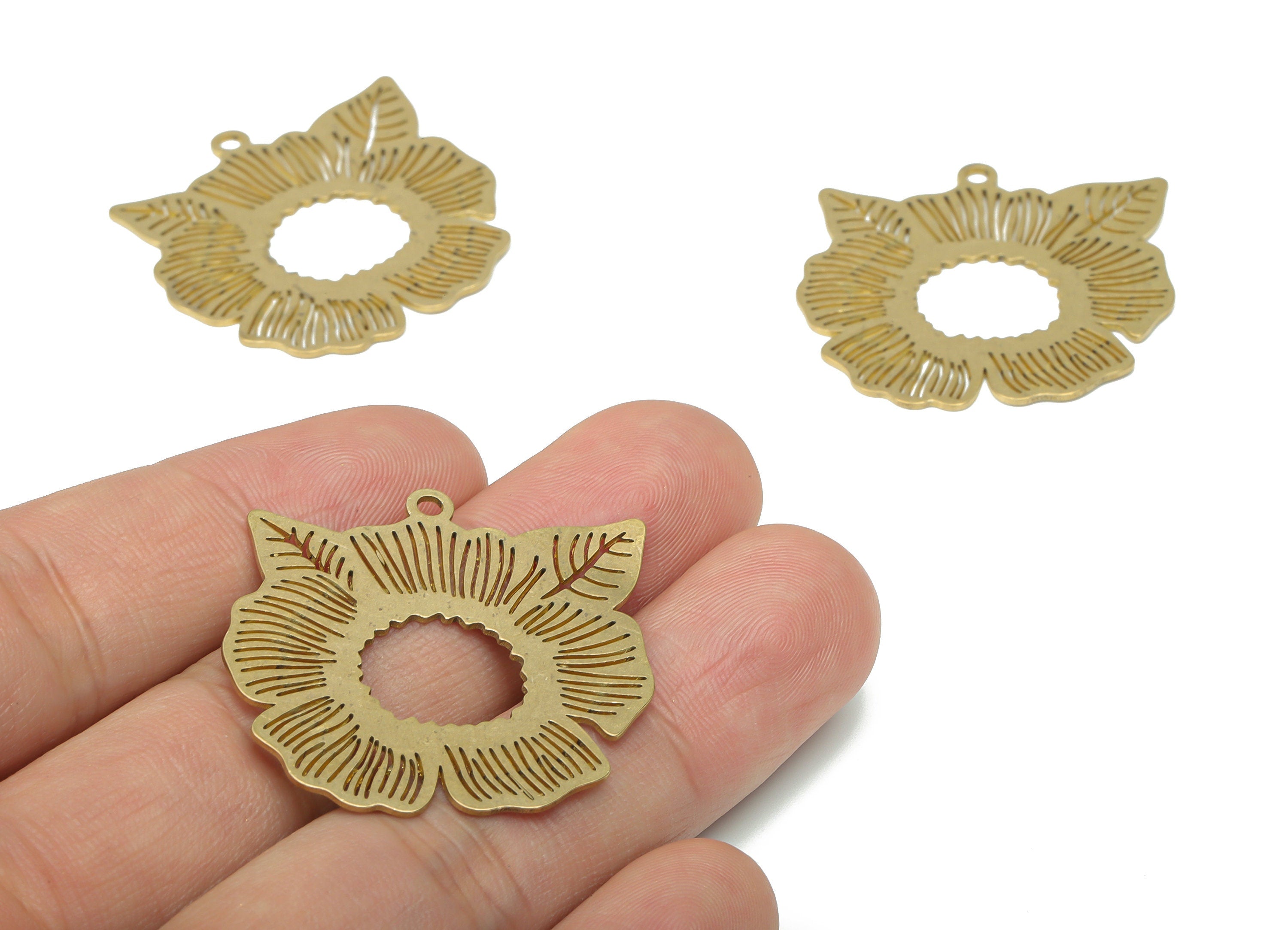Brass Leaf Flower Earring Charms - Raw Brass Water Plant Pendant - DIY Jewelry Making Supplies - 33.83x33.78x0.64mm - PPA3128 - DOMEDBAZAAR