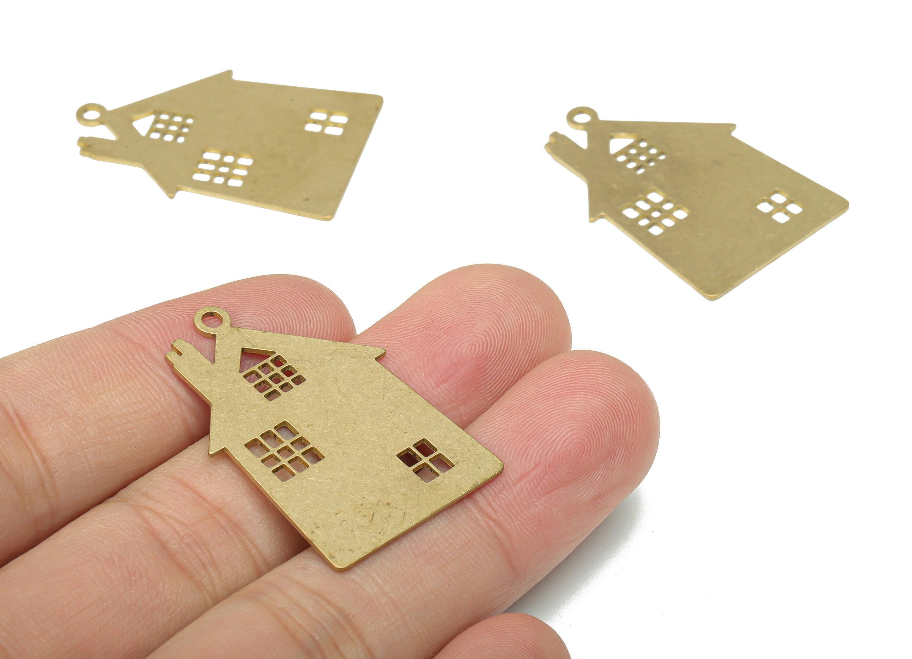 Brass House Earring Charms - Raw Brass Sweet Home Pendant - DIY Jewelry Making Supplies - 34.85x23.71x0.64mm - PPA3005 - DOMEDBAZAAR