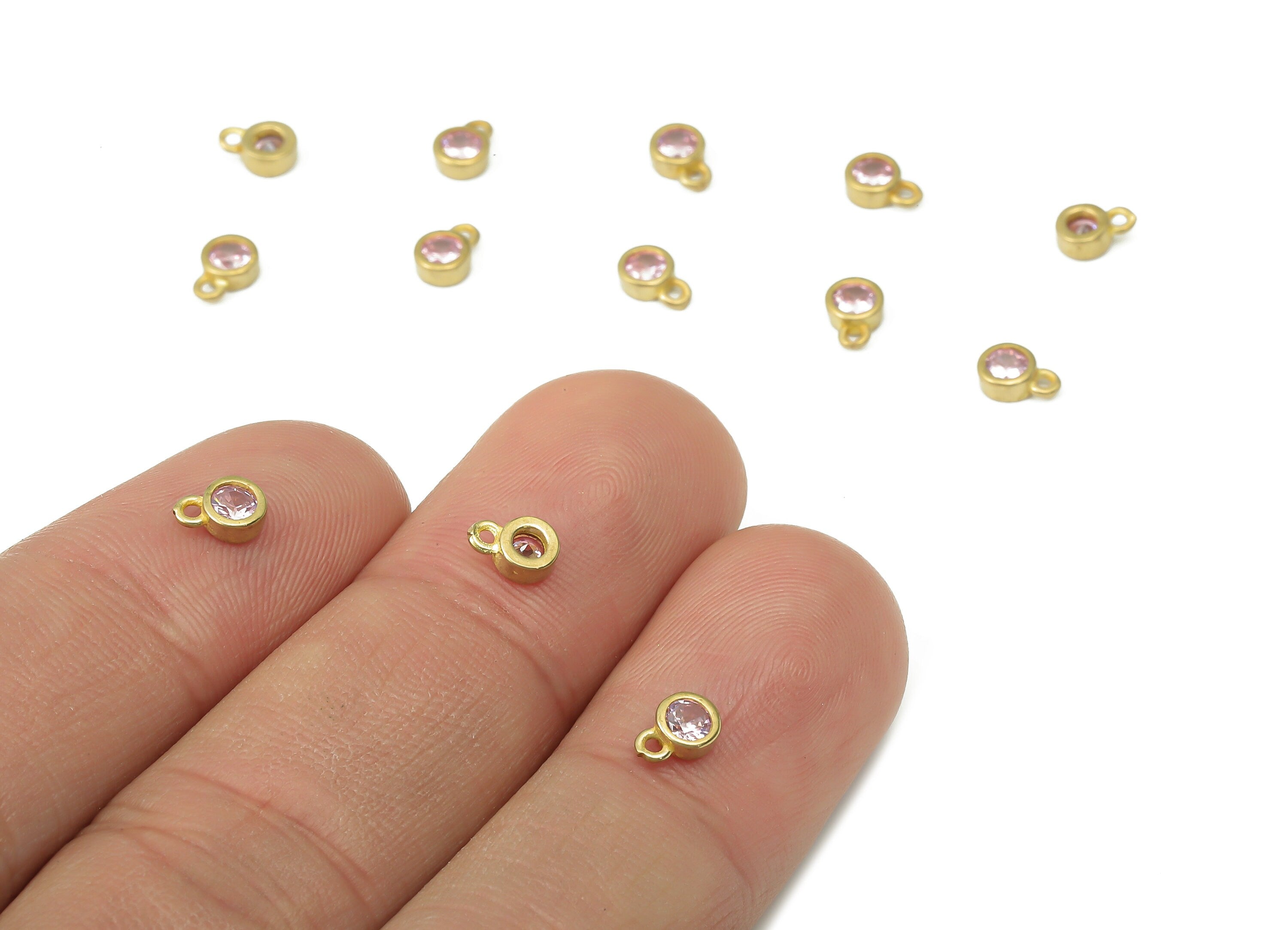 Brass Mini Round Bracelet Charms with Pink Zircon - Raw Brass Mini Circle Pendant - Jewelry Making Supplies - 5.73x4.07x1.96mm - PP7429A - DOMEDBAZAAR