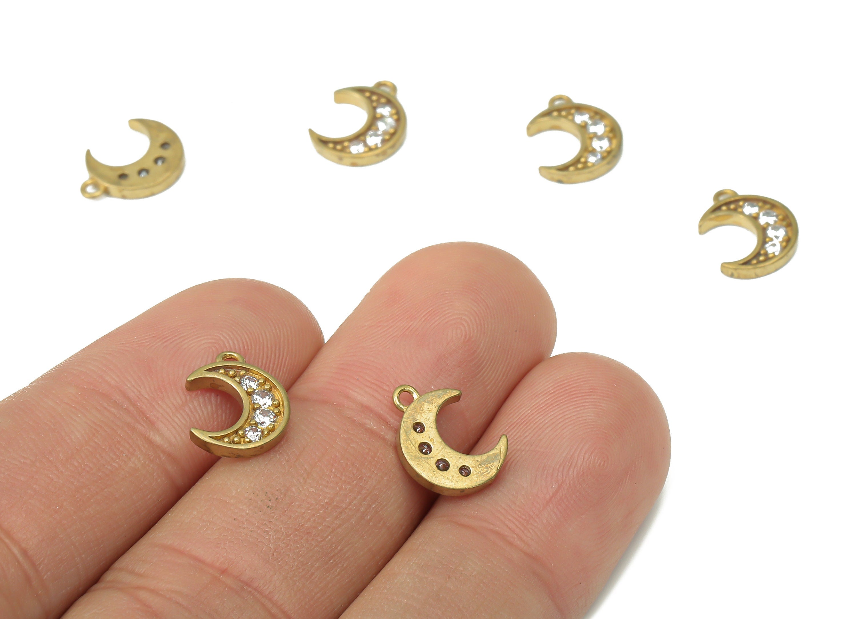 Brass Crescent Earring Charms with Zircons - Raw Brass Moon Pendant - Earring Charms for Jewelry Making - 11.72x8.9x1.63mm - PP7457 - DOMEDBAZAAR