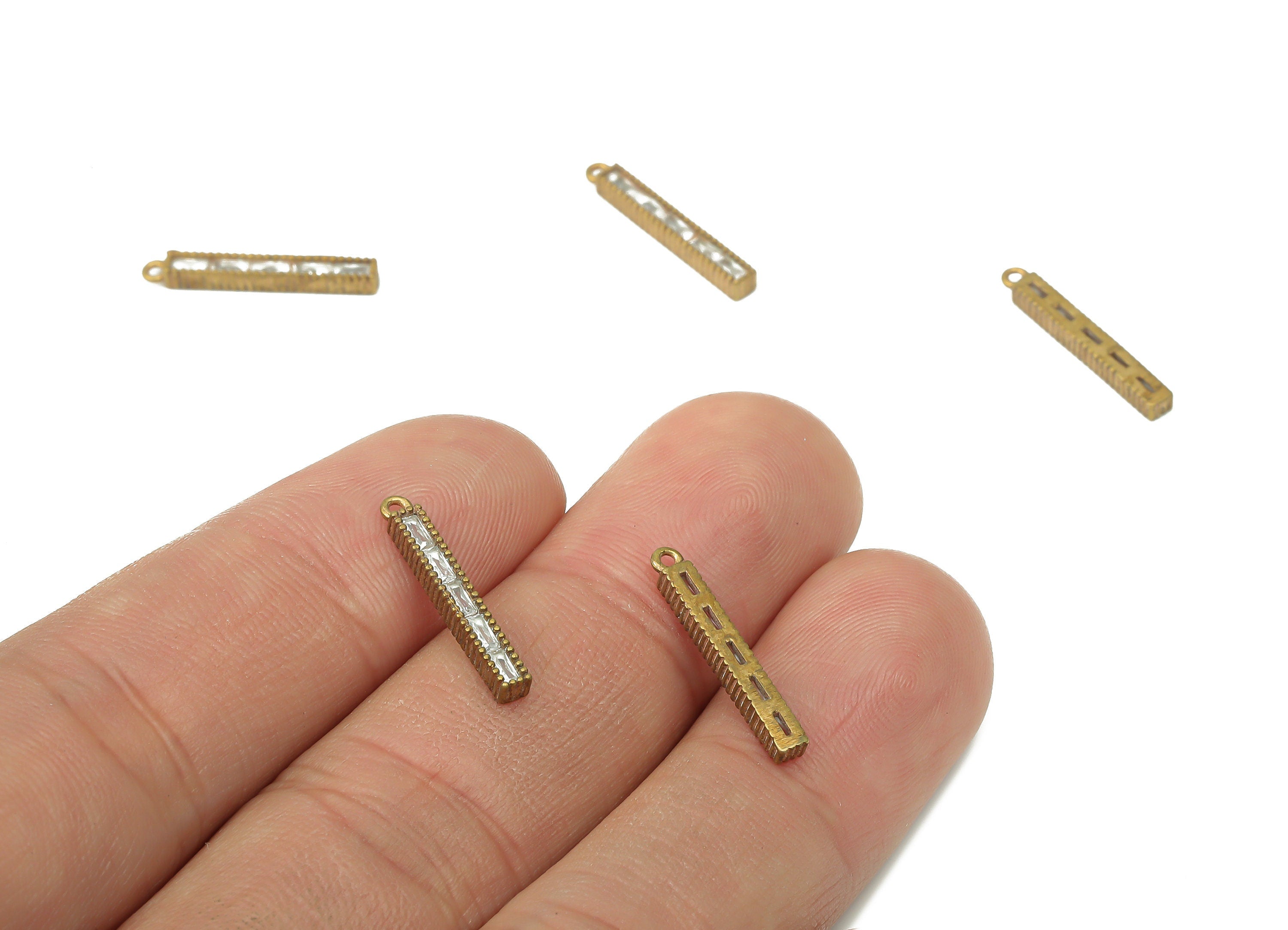 Brass Rectangle Stick Earring Charms with Zircons - Raw Brass Stick Bar Pendant - Earring Charms for Jewelry Making - 18.4x2.5x2.2mm- PP7435 - DOMEDBAZAAR