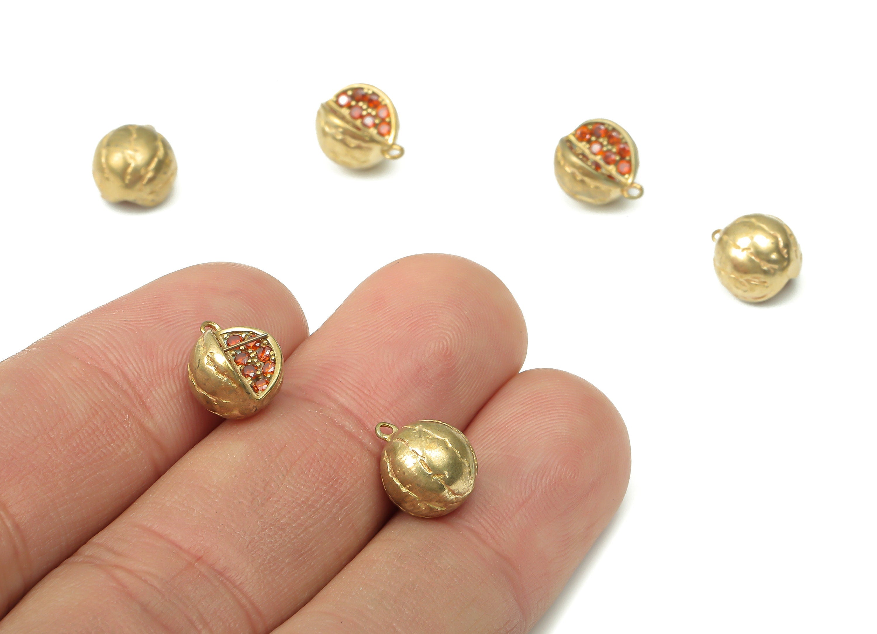 Brass Quarter Pomegranate Earring Charms with Zircons - Raw Brass Three Quarter Pendant - Jewelry Making Supplies - 10.56x8.9x7.7mm - PP7448 - DOMEDBAZAAR
