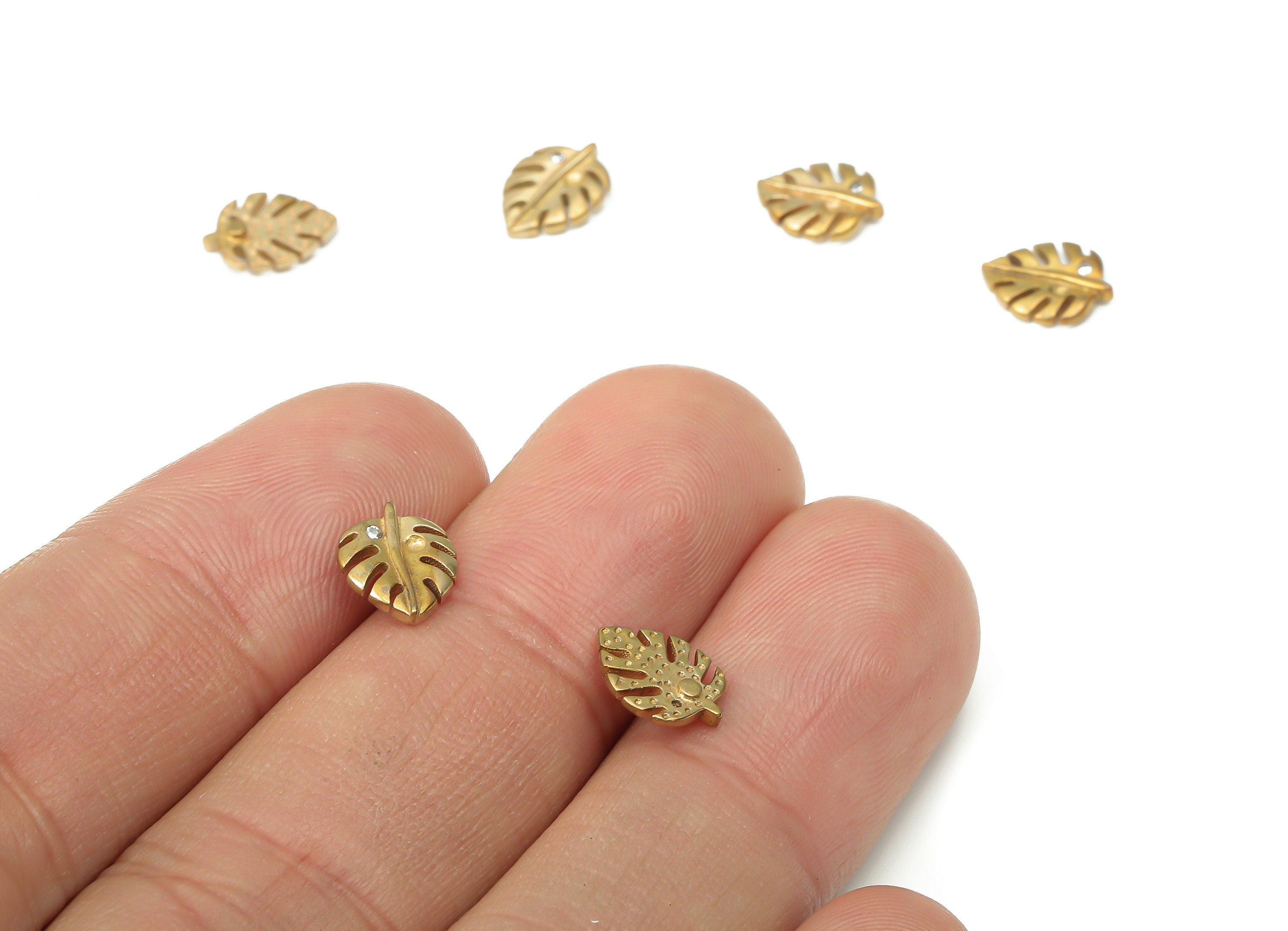 Brass Monstera Figure Earring with Zircons - Raw Brass Leaf Earrings - Earring Charms for Jewelry Making - 9.36x7.26x1.62mm - PP7456 - DOMEDBAZAAR
