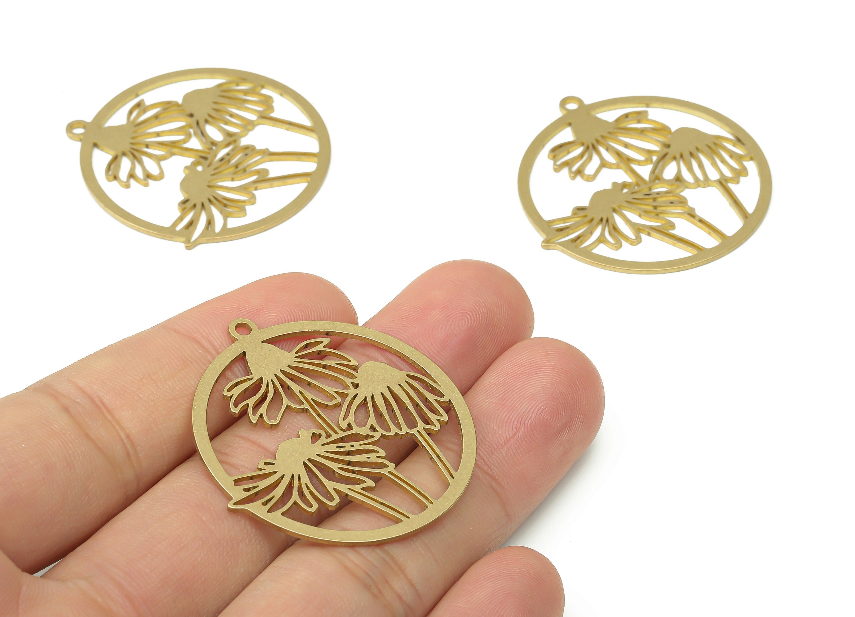 Brass Round Botanical Flowers Daisy Earring Charms - Raw Brass Leaves Circle Pendant - Jewelry Making Supplies - 38.82x35.8x0.86mm - PPA3887 - DOMEDBAZAAR