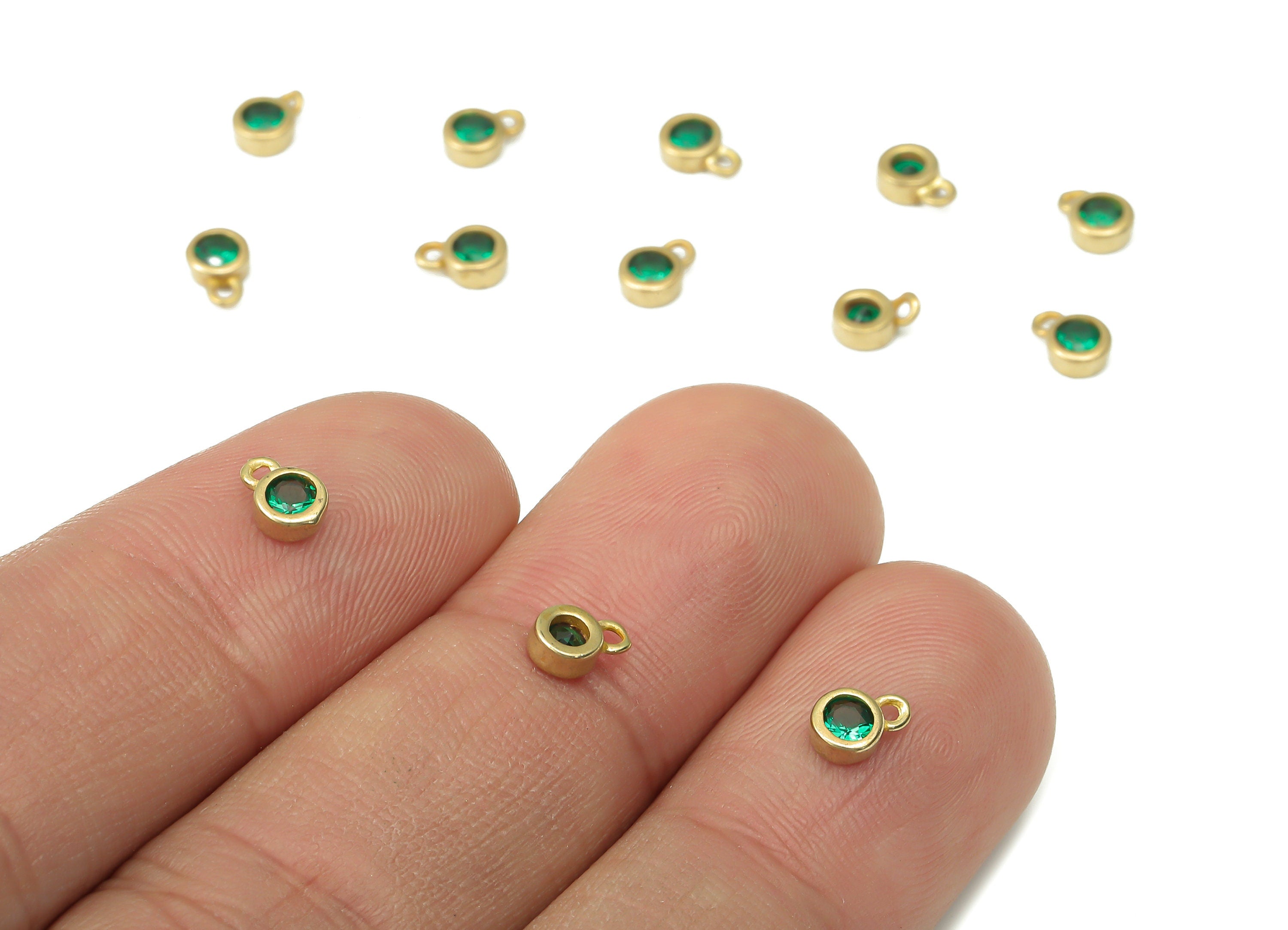 Brass Mini Round Bracelet Charms with Green Zircon - Raw Brass Mini Circle Pendant - Jewelry Making Supplies - 5.73x4.07x1.96mm - PP7429B - DOMEDBAZAAR