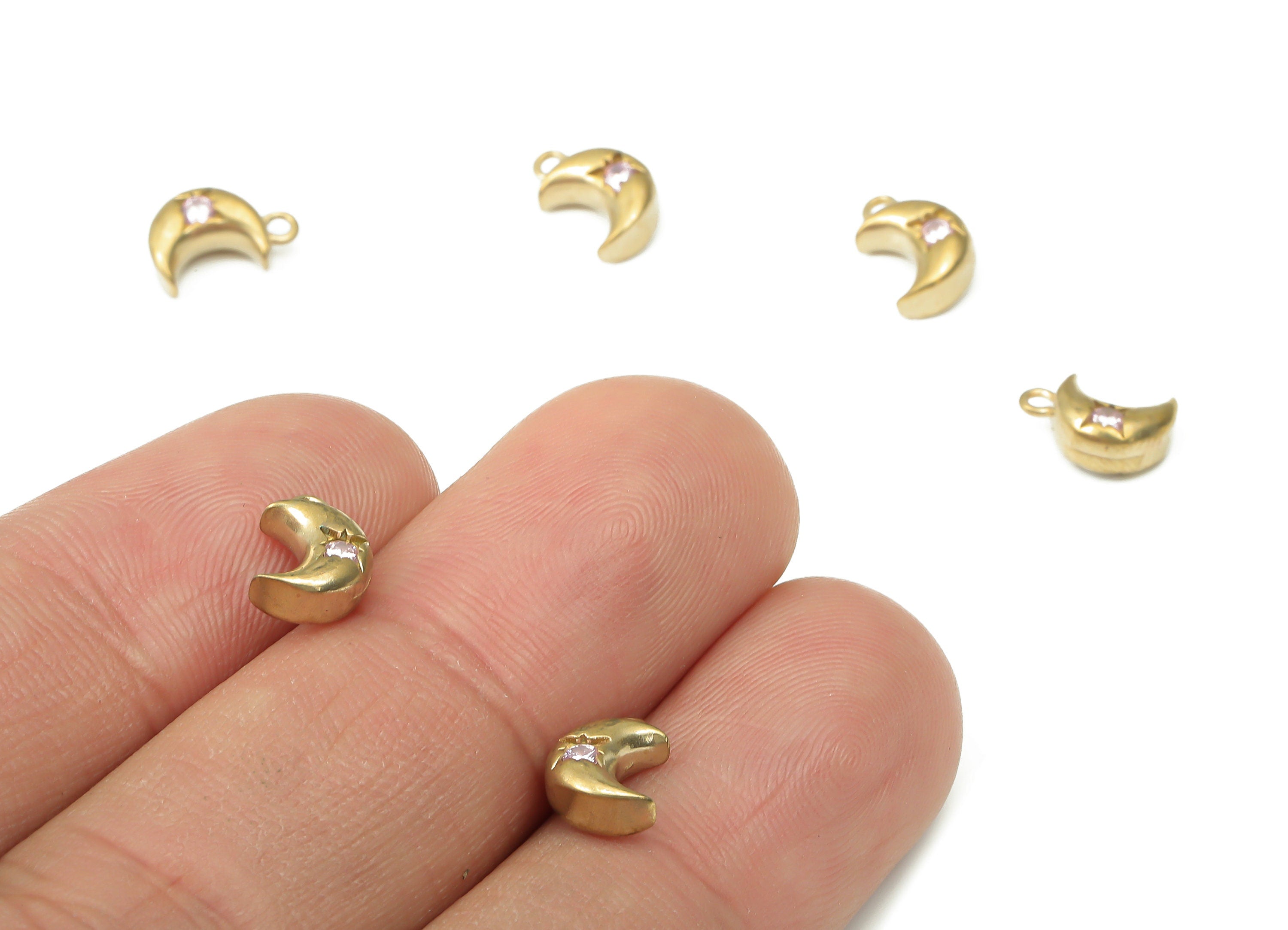 Brass Crescent Bracelet Charms with Zircons - Raw Brass Moon Pendant - Earring Charms for Jewelry Making - 9.53x6.42x3.95mm - PP7450 - DOMEDBAZAAR