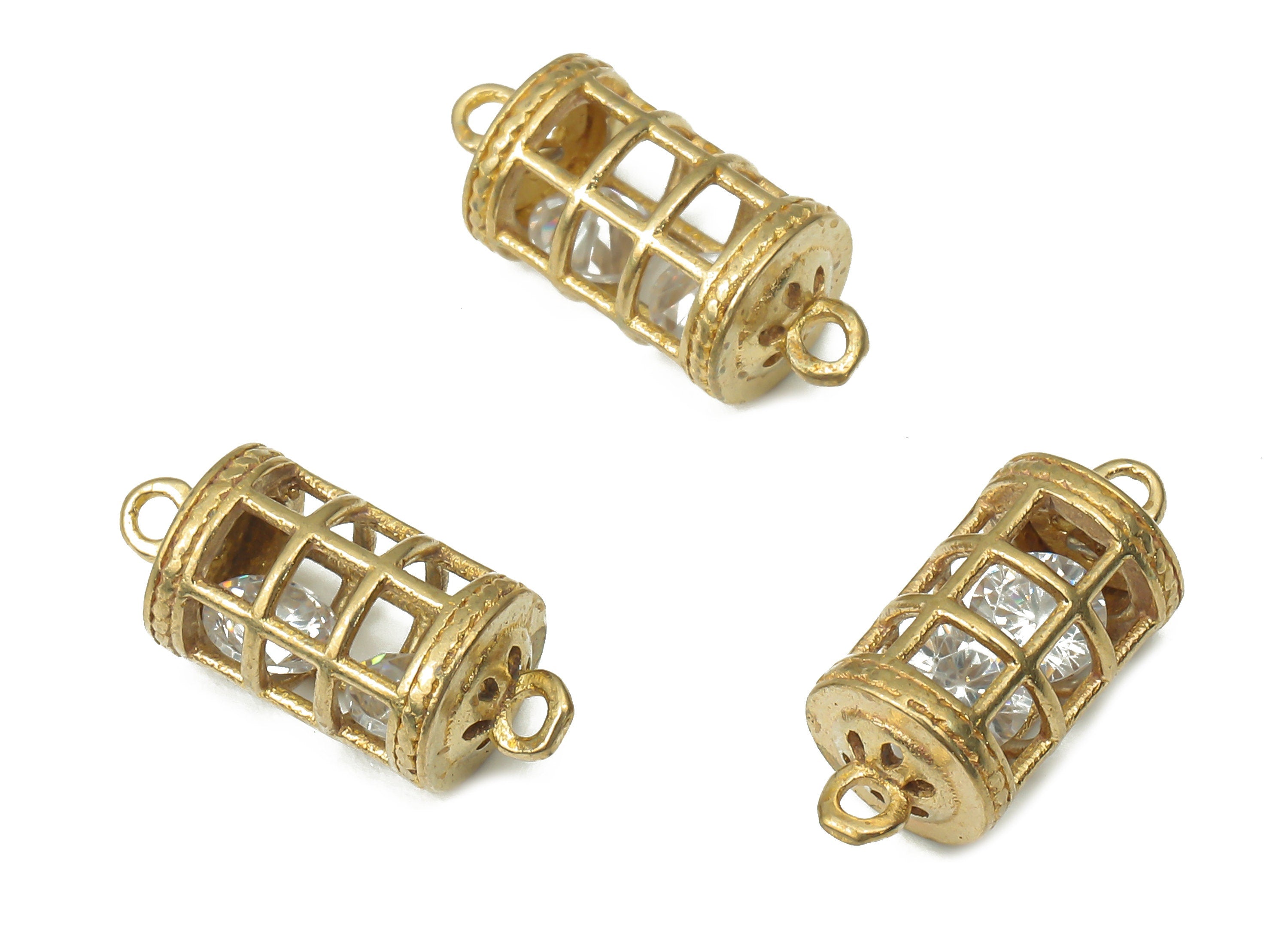 Brass Lantern Earring Connectors with Zircons - Raw Brass Birdcage Charms and Pendant - Jewelry Making Supplies - 15.47x6.39x6.39mm - PP7447 - DOMEDBAZAAR