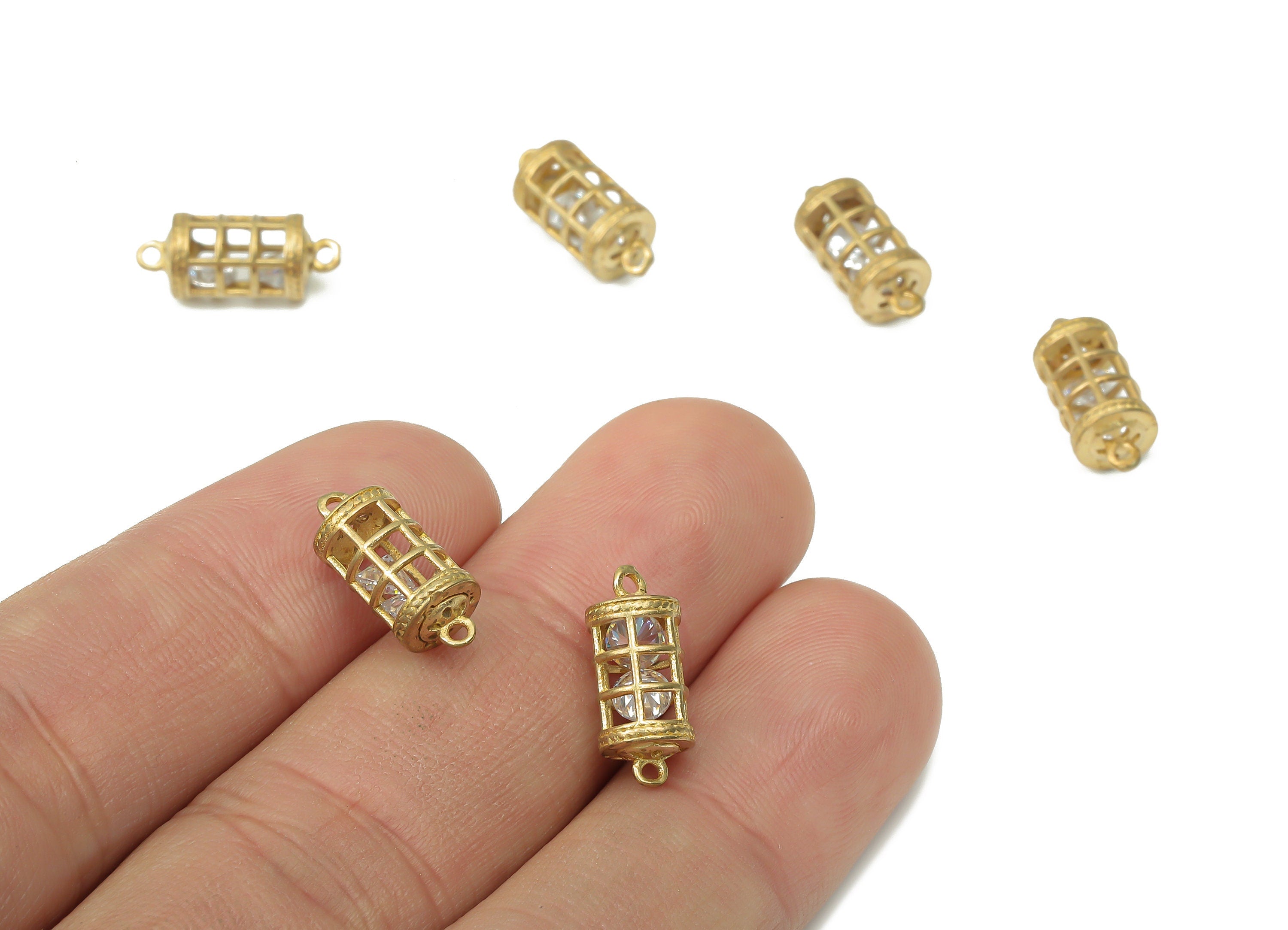 Brass Lantern Earring Connectors with Zircons - Raw Brass Birdcage Charms and Pendant - Jewelry Making Supplies - 15.47x6.39x6.39mm - PP7447 - DOMEDBAZAAR