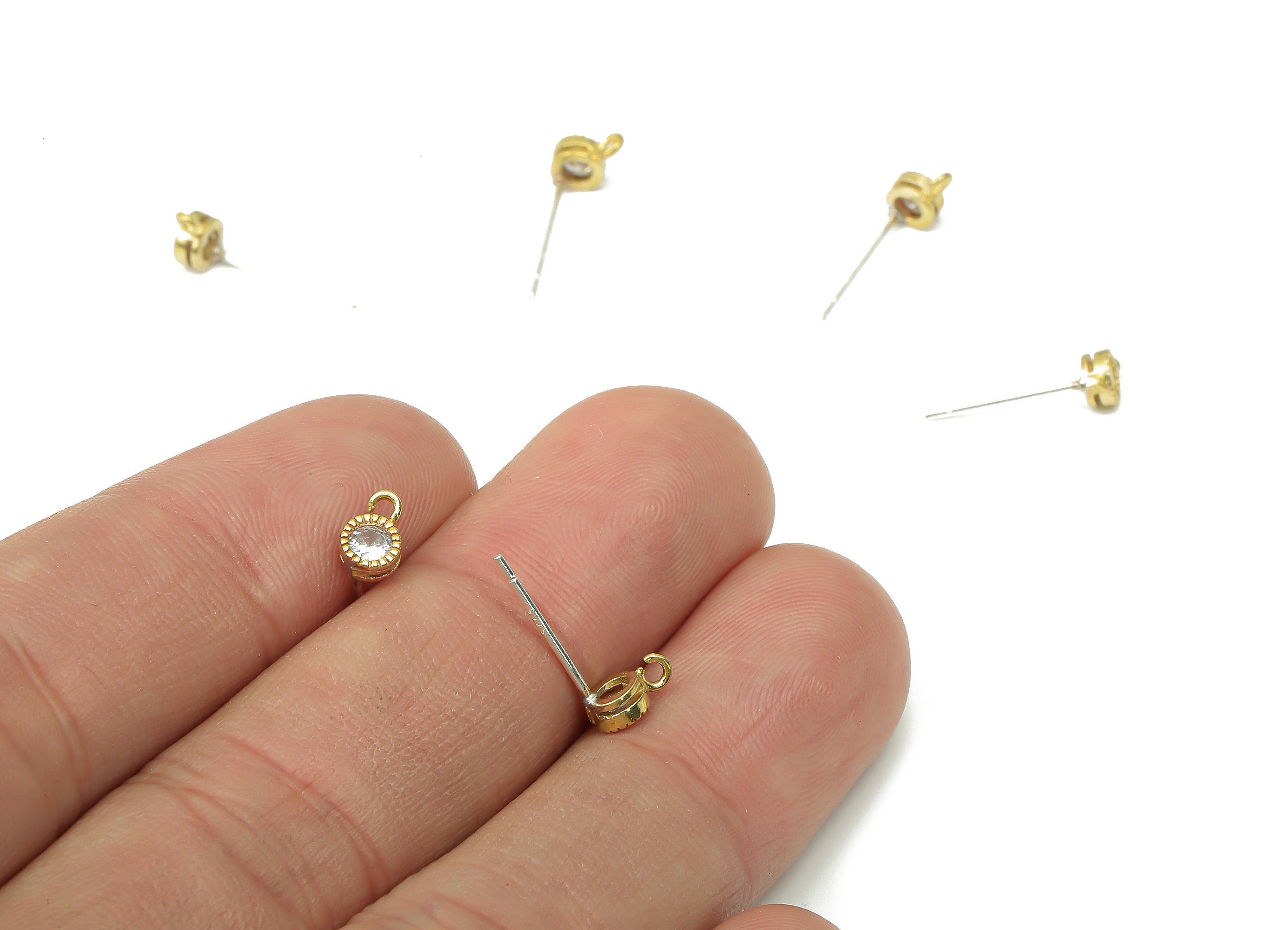 Brass Mini Round Earring Stud with Zircon - Raw Brass Mini Circle Post with Loop - Imitation Silver Stud - 6.8x4.25x2.27mm - PP7439 - DOMEDBAZAAR