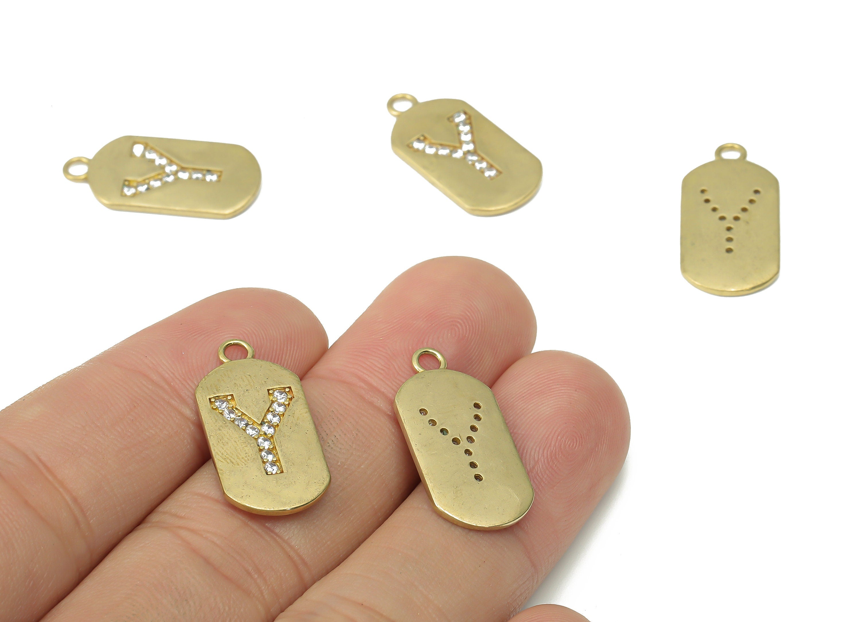 Brass Long Oval Letter Y Earring Charms with Zircons - Raw Brass Initial Y Pendant - Jewelry Making Supplies - 23.45x11.2x1.57mm - PP7442Y - DOMEDBAZAAR