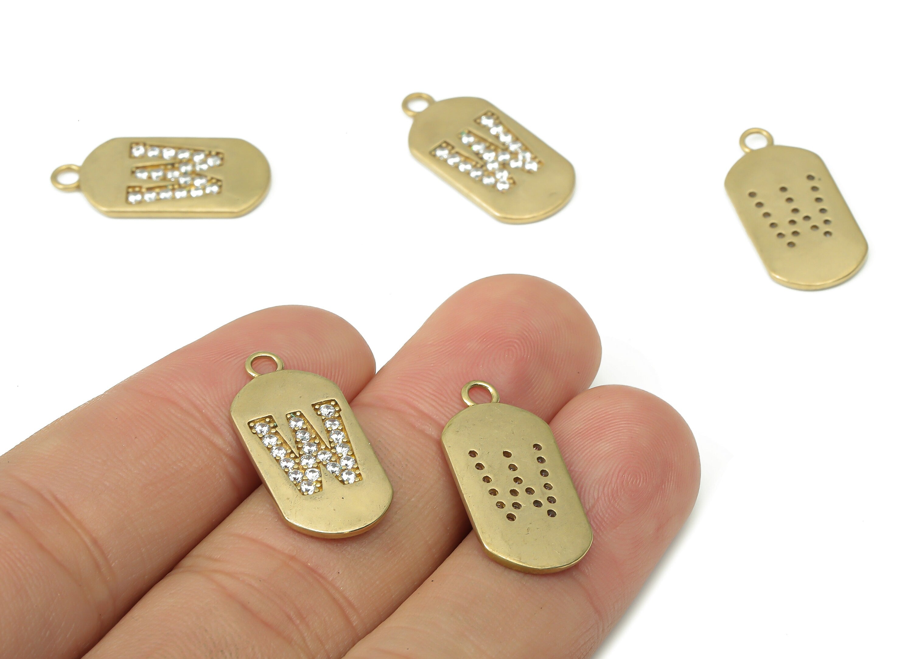 Brass Long Oval Letter W Earring Charms with Zircons - Raw Brass Initial W Pendant - Jewelry Making Supplies - 23.45x11.2x1.57mm - PP7442W - DOMEDBAZAAR