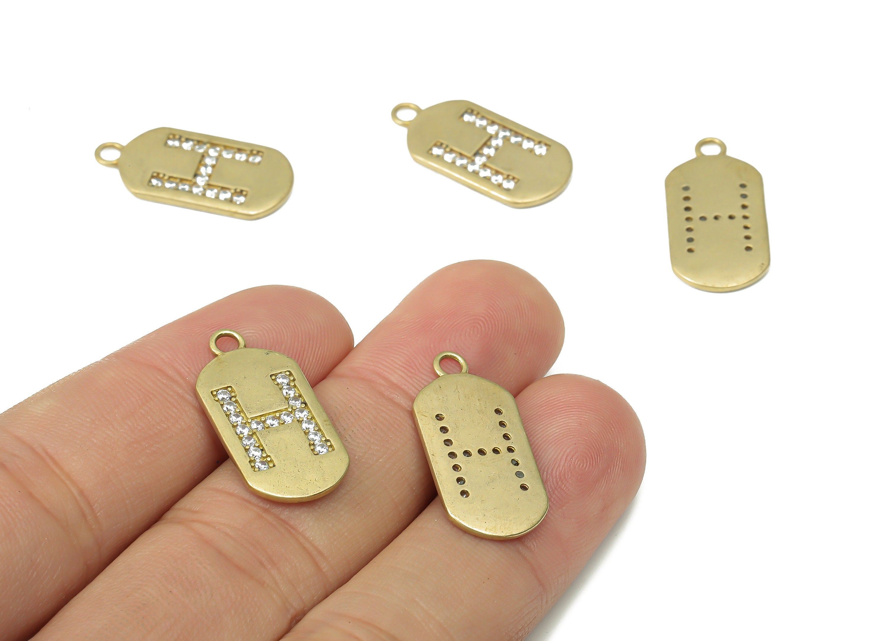 Brass Long Oval Letter H Earring Charms with Zircons - Raw Brass Initial H Pendant - Jewelry Making Supplies - 23.45x11.2x1.57mm - PP7442H - DOMEDBAZAAR
