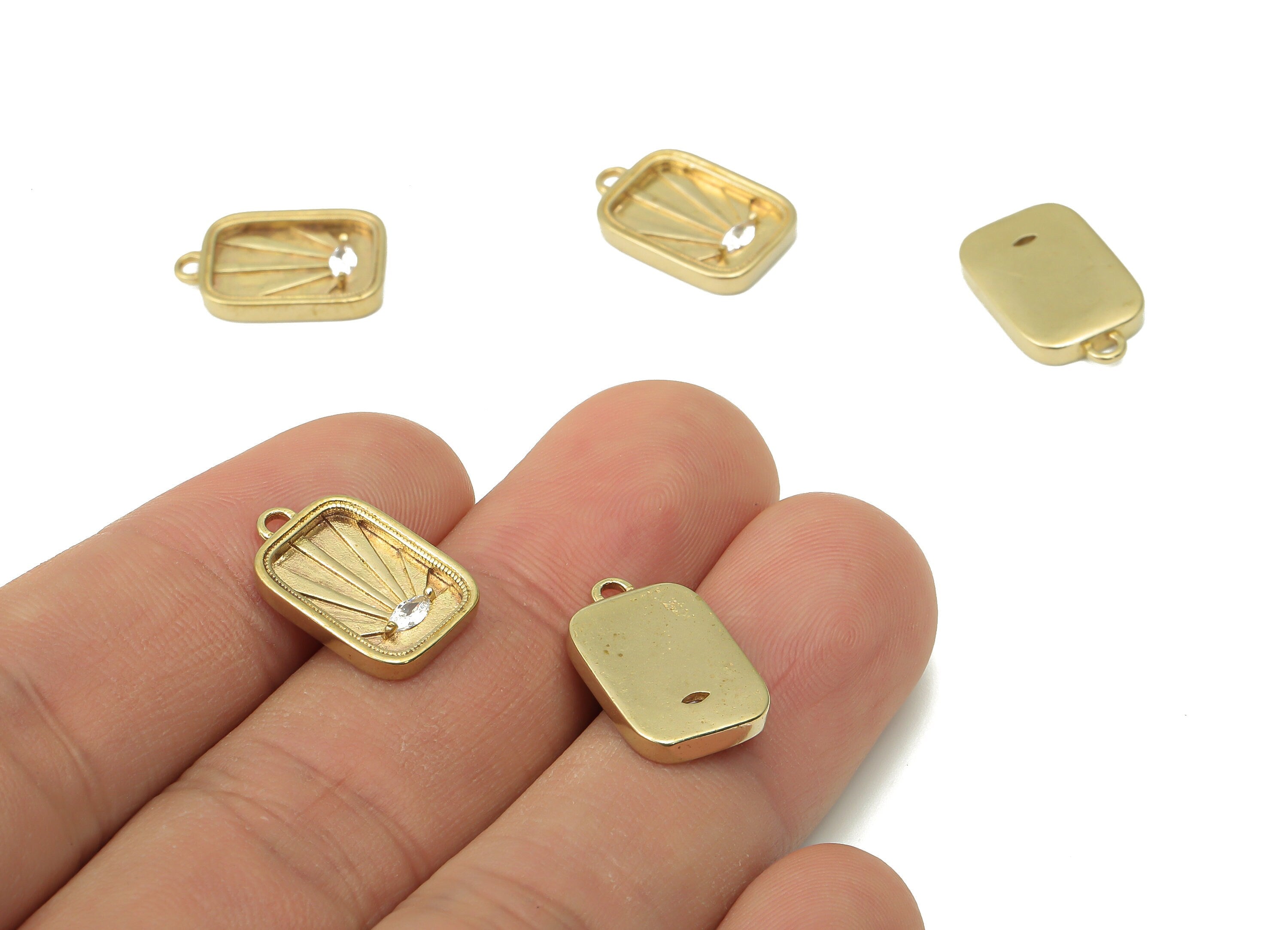 Brass Rectangle Sun Earring Charms with Zircon - Raw Brass Sun Rectangle Pendant - Jewelry Making Supplies - 16.6x10.64x2.2mm - PP7427 - DOMEDBAZAAR