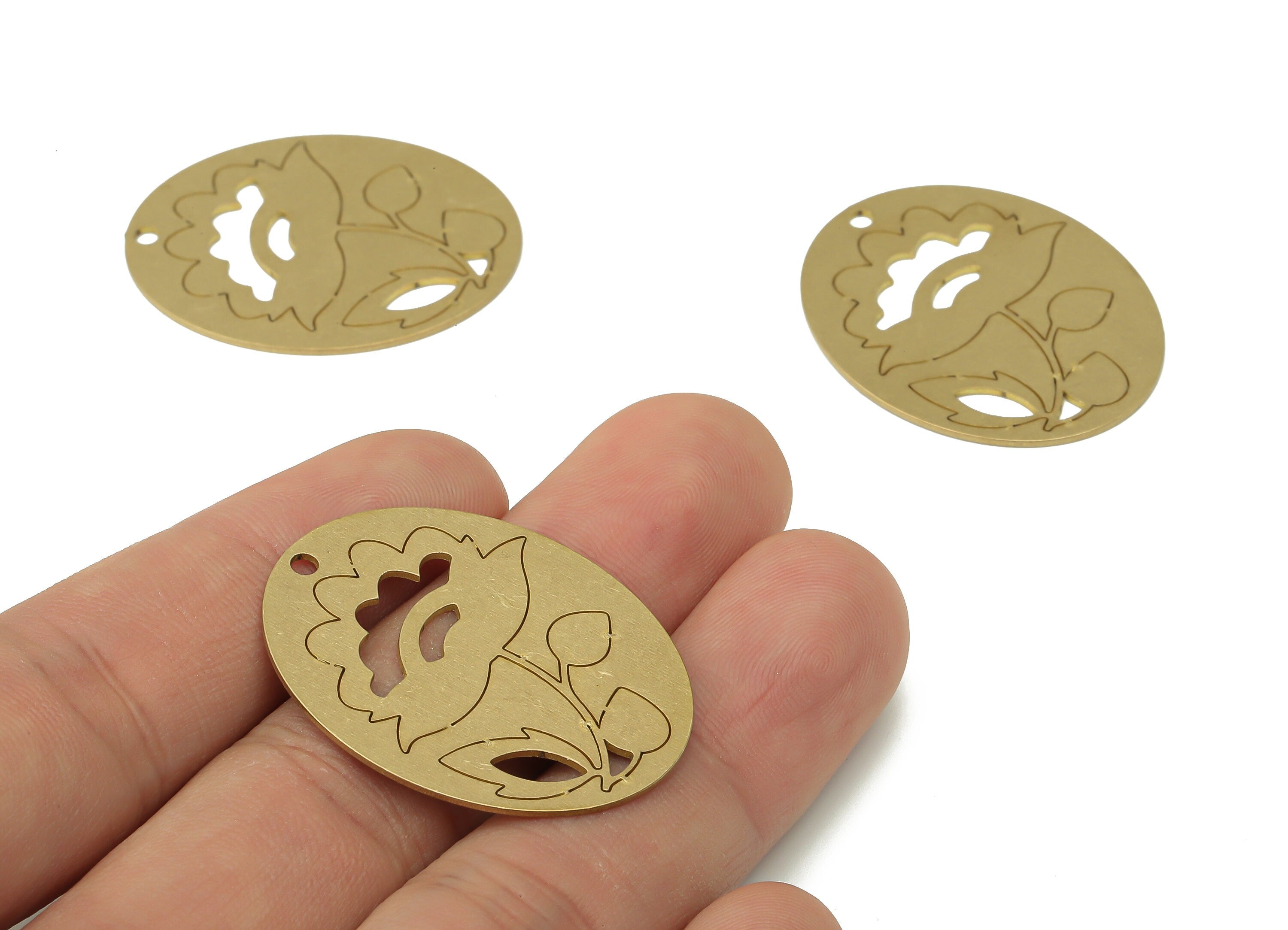 Brass Botanical Long Oval Flower Earring Charms - Raw Brass Abstract Leaves Oval Pendant - Jewelry Making - 34.85x27.74x0.69mm - PPA3154 - DOMEDBAZAAR