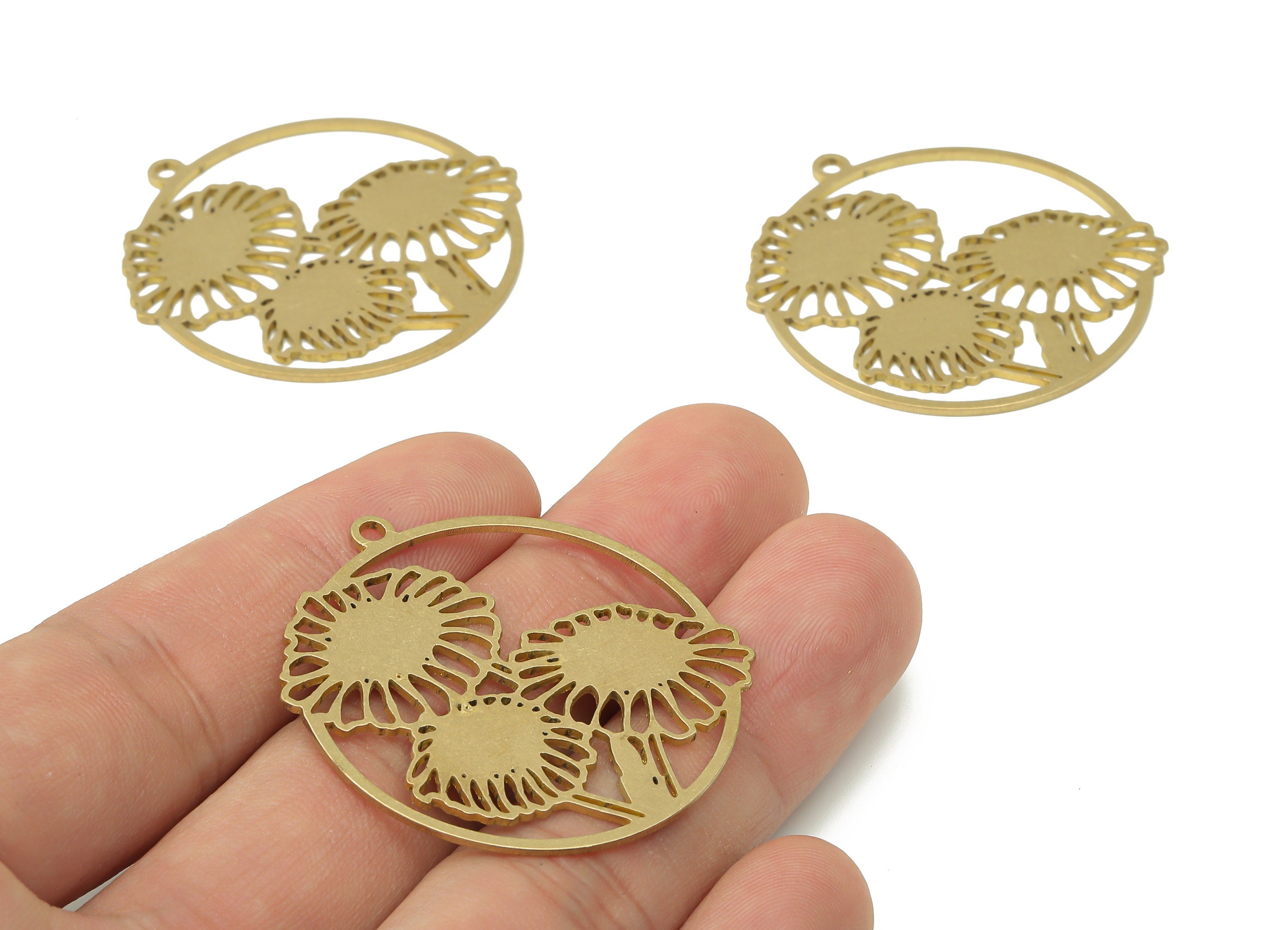 Brass Round Botanical Flowers Earring Charms - Raw Brass Mushroom Leaves Circle Pendant - Jewelry Supplies - 39.74x36.64x0.9mm - PPA3882 - DOMEDBAZAAR