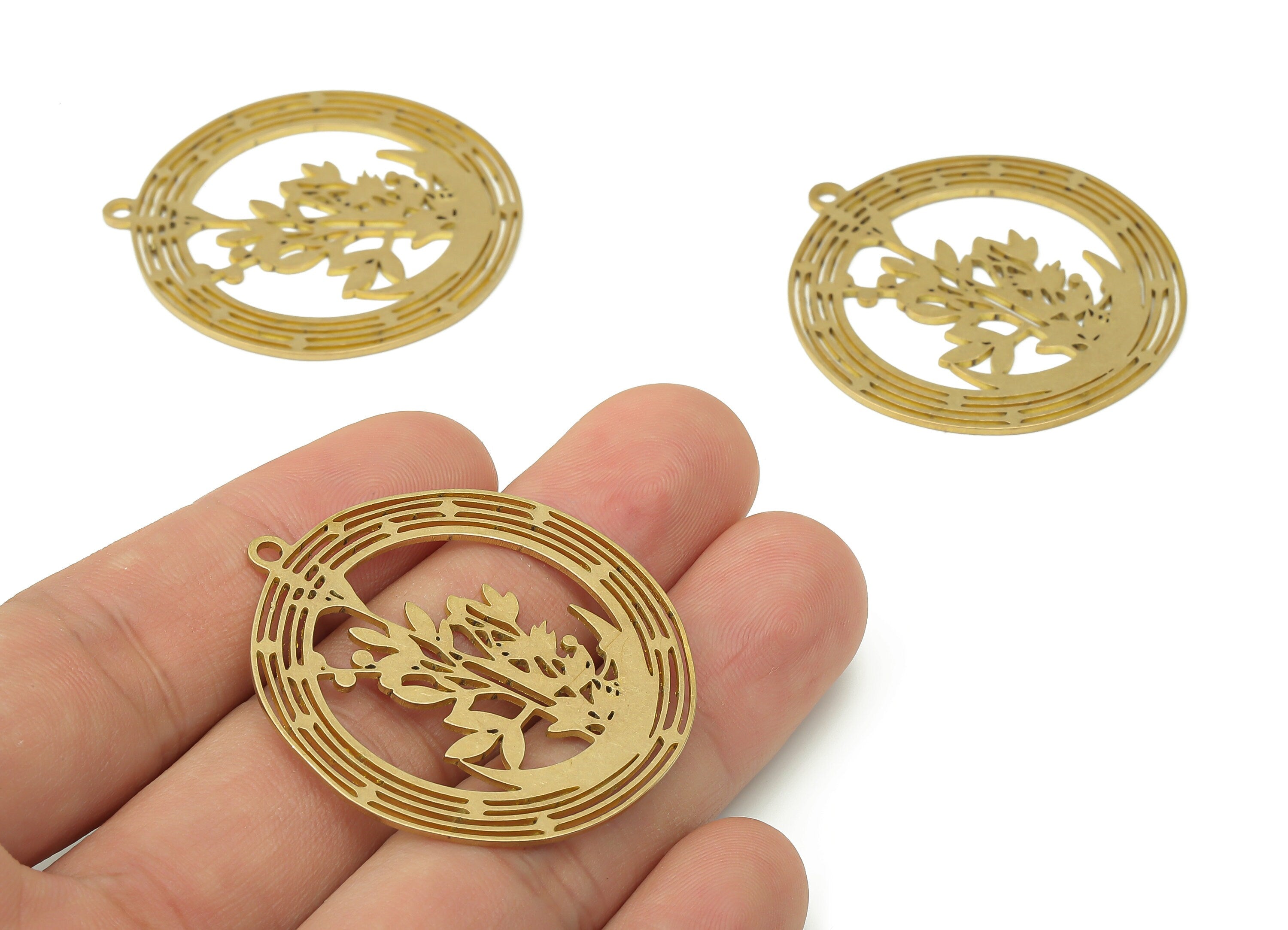 Brass Round Botanical Flowers Earring Charms - Raw Brass Leaves Circle Pendant - Jewelry Making Supplies - 41.76x38.24x0.86mm - PPA3637 - DOMEDBAZAAR