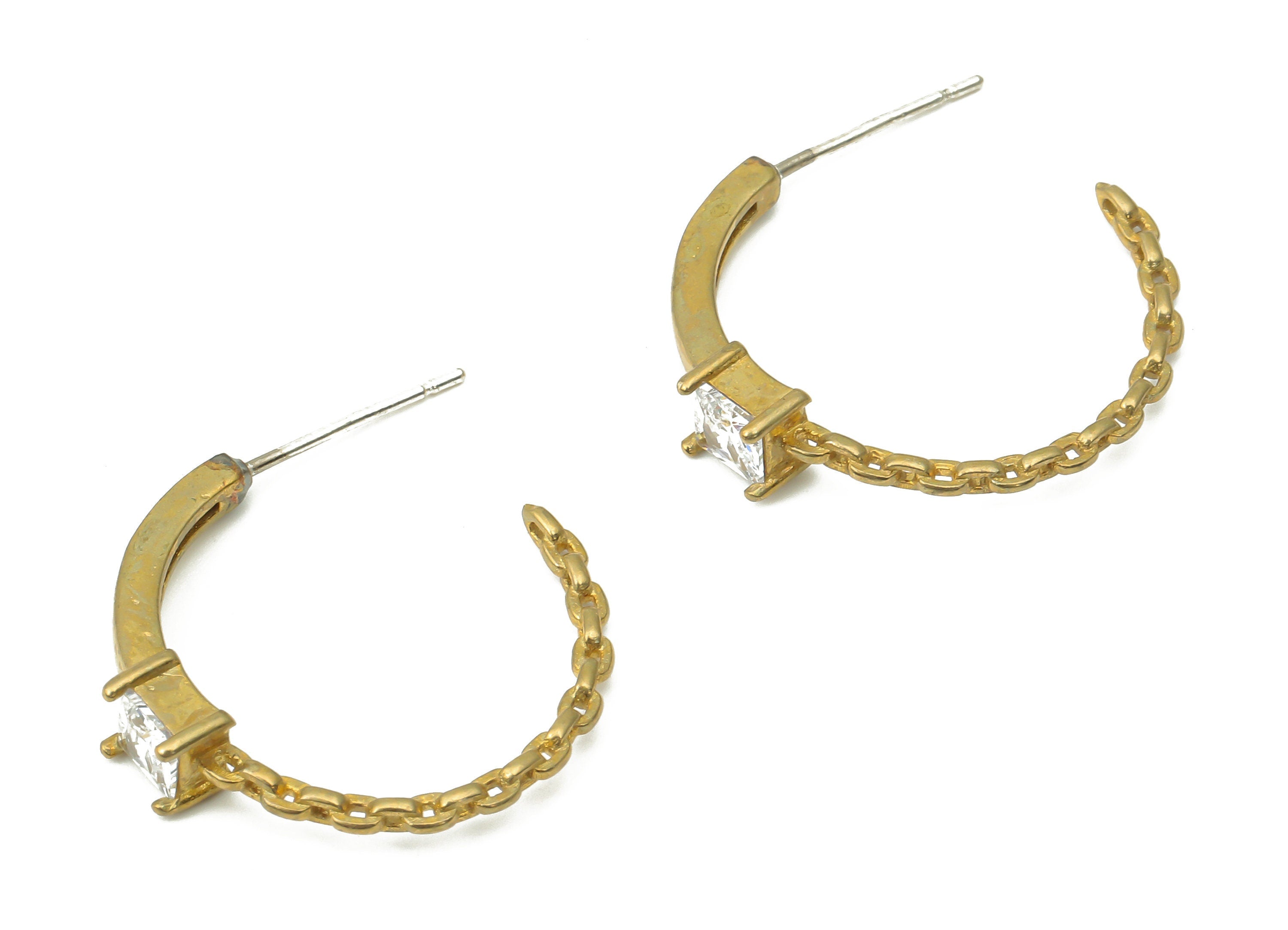 Brass C Open Hoop Earring Stud with Zircon - Raw Brass C Curb Chain Hoop Earring Post - Imitation Silver Stud - 21.6x19.6x4.89mm - PP7420 - DOMEDBAZAAR