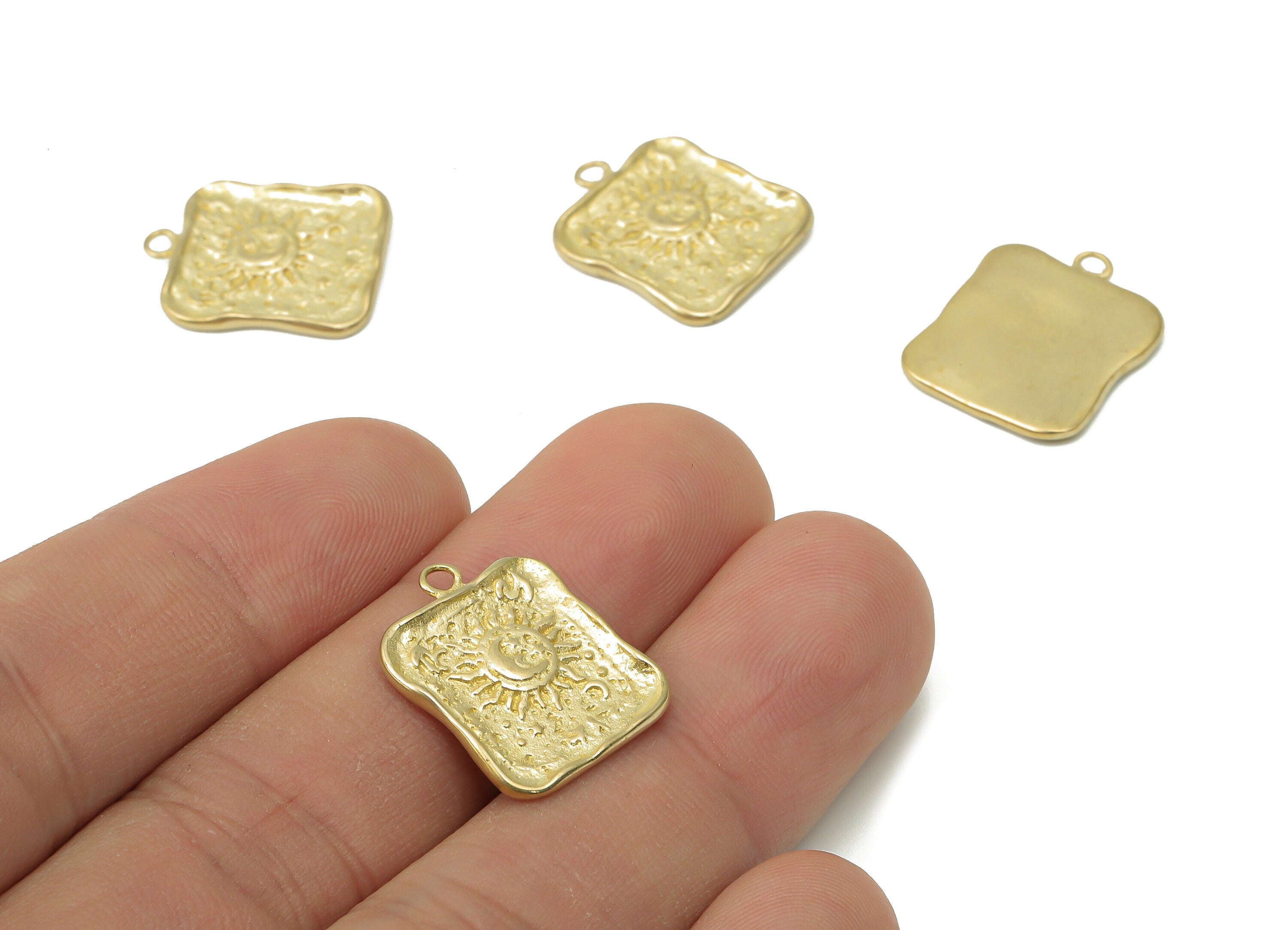 Brass Hammered Square Sun Crescent Earring Charms - Raw Brass Moon Star Pendant - Jewelry Making Supplies - 18.92x15.84x1.61mm - PP7425 - DOMEDBAZAAR