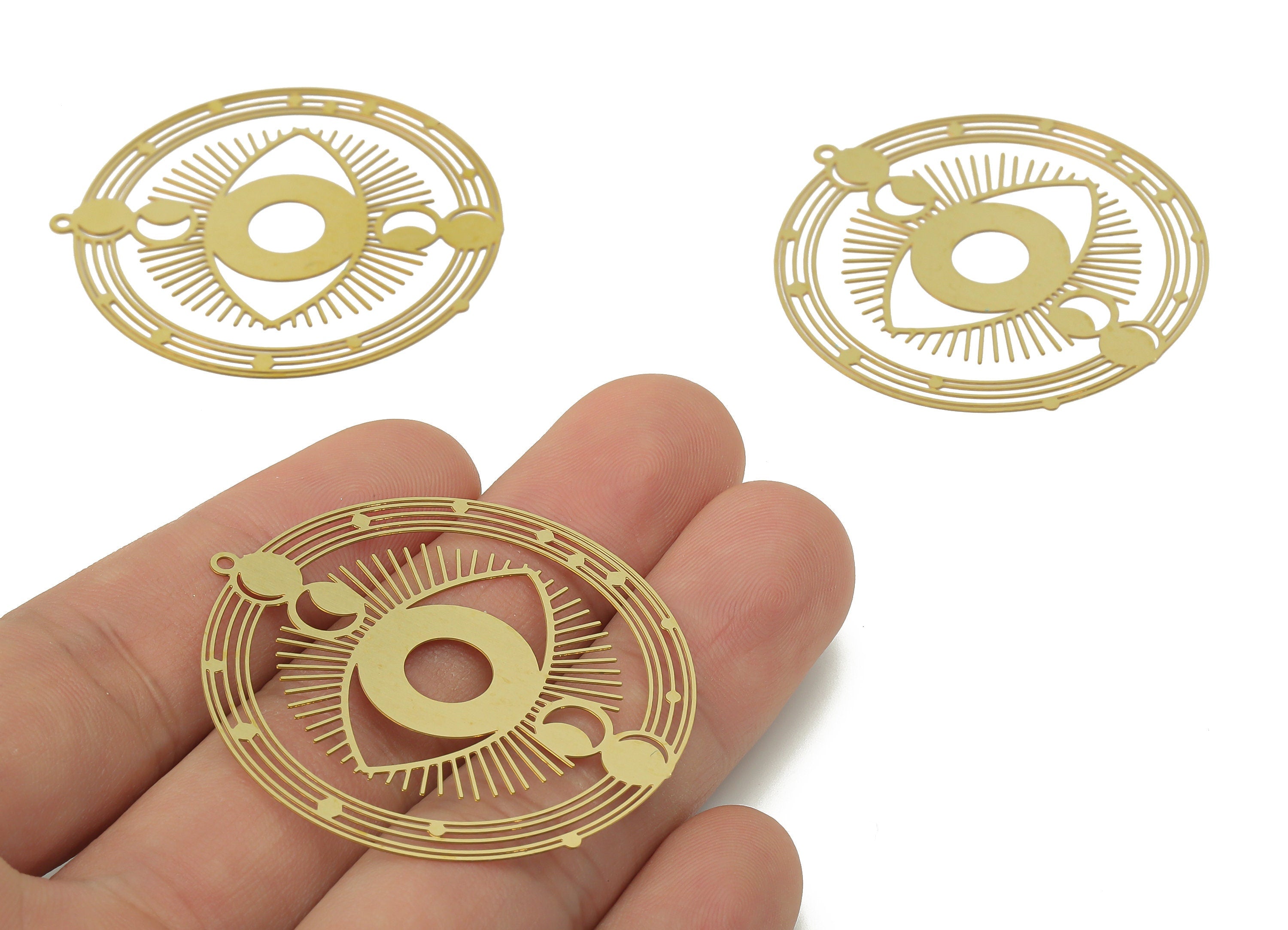 Brass Crescent Eye Round Earring Charms - Raw Brass Phases of The Moon Pendant - Jewelry Making Supplies - 45.08x41.45x0.29mm - JJB7050 - DOMEDBAZAAR