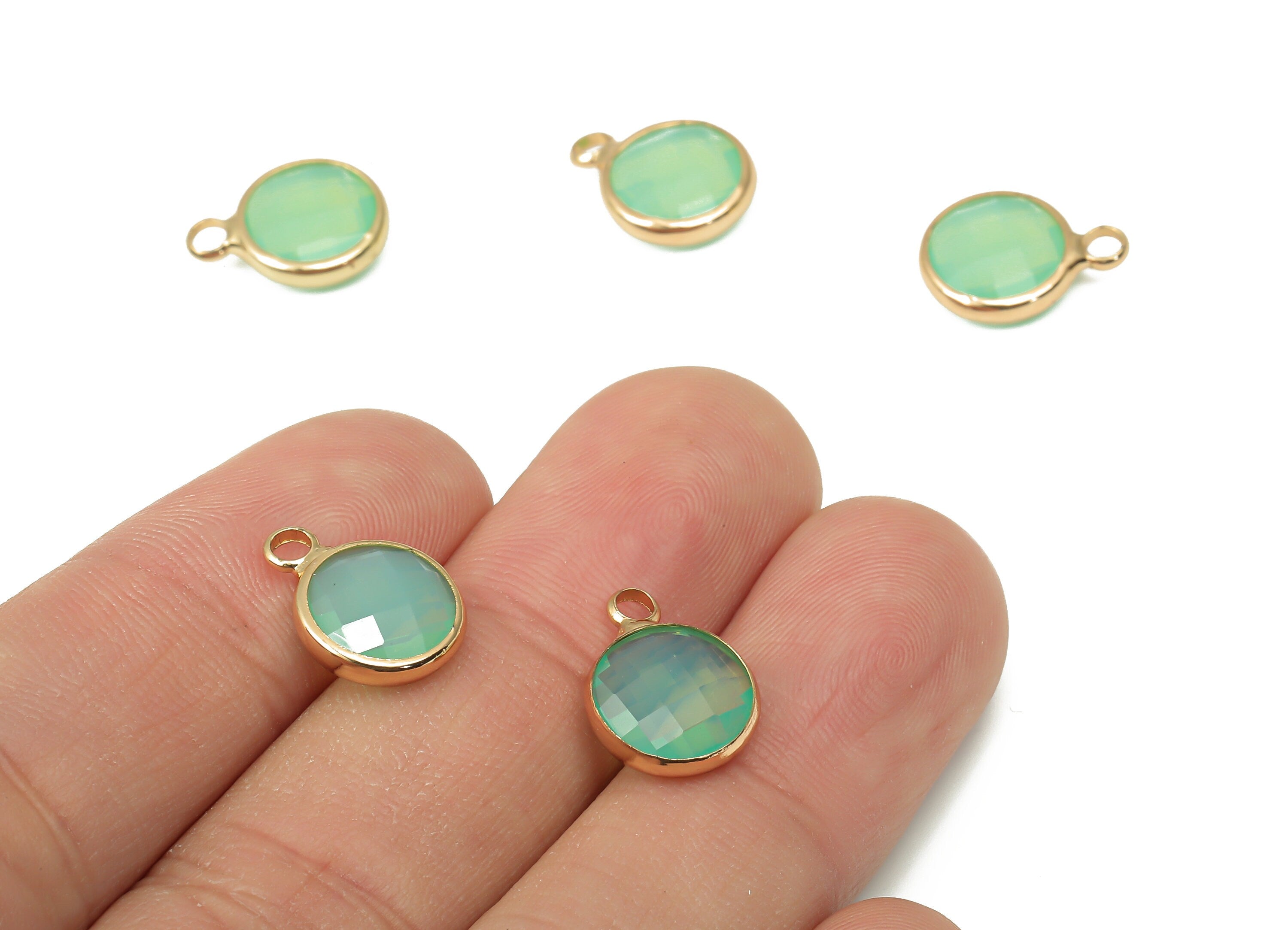 Glass Round Earring Charms With Loop - Green Brass Circle Frame Pendant - Gold Tone Plated Brass - Faceted Glass - 14.1x10.6x3.8mm - GS1141A - DOMEDBAZAAR