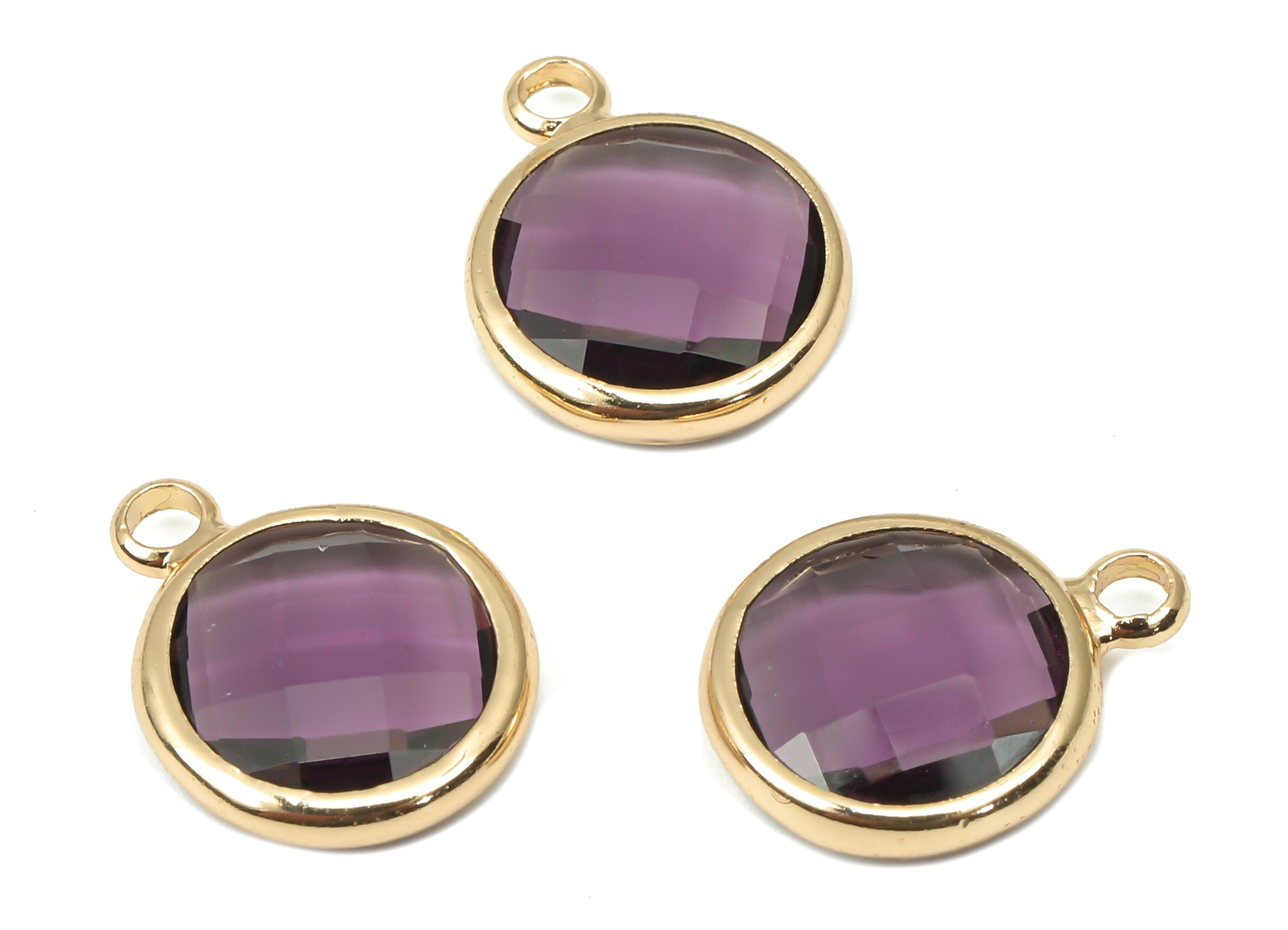 Glass Round Earring Charms with Loop - Purple Brass Circle Frame Pendant - Gold Tone Plated Brass - Faceted Glass - 14.1x10.6x3.8mm- GS1141H - DOMEDBAZAAR