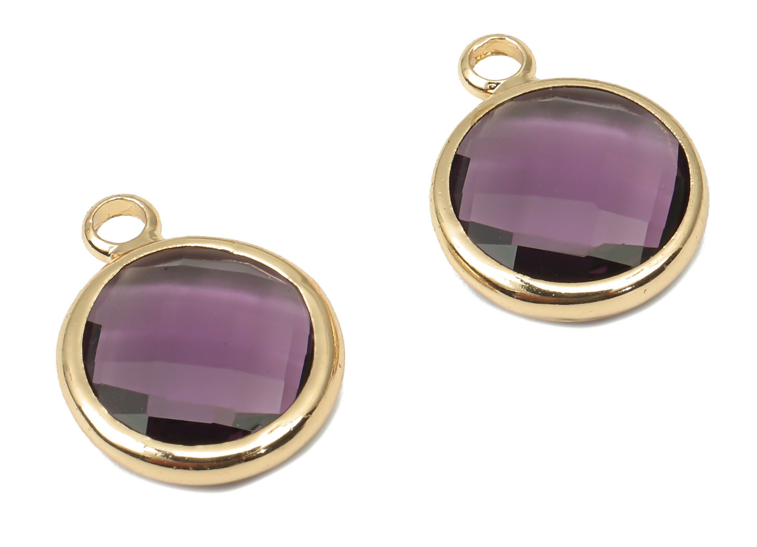 Glass Round Earring Charms with Loop - Purple Brass Circle Frame Pendant - Gold Tone Plated Brass - Faceted Glass - 14.1x10.6x3.8mm- GS1141H - DOMEDBAZAAR