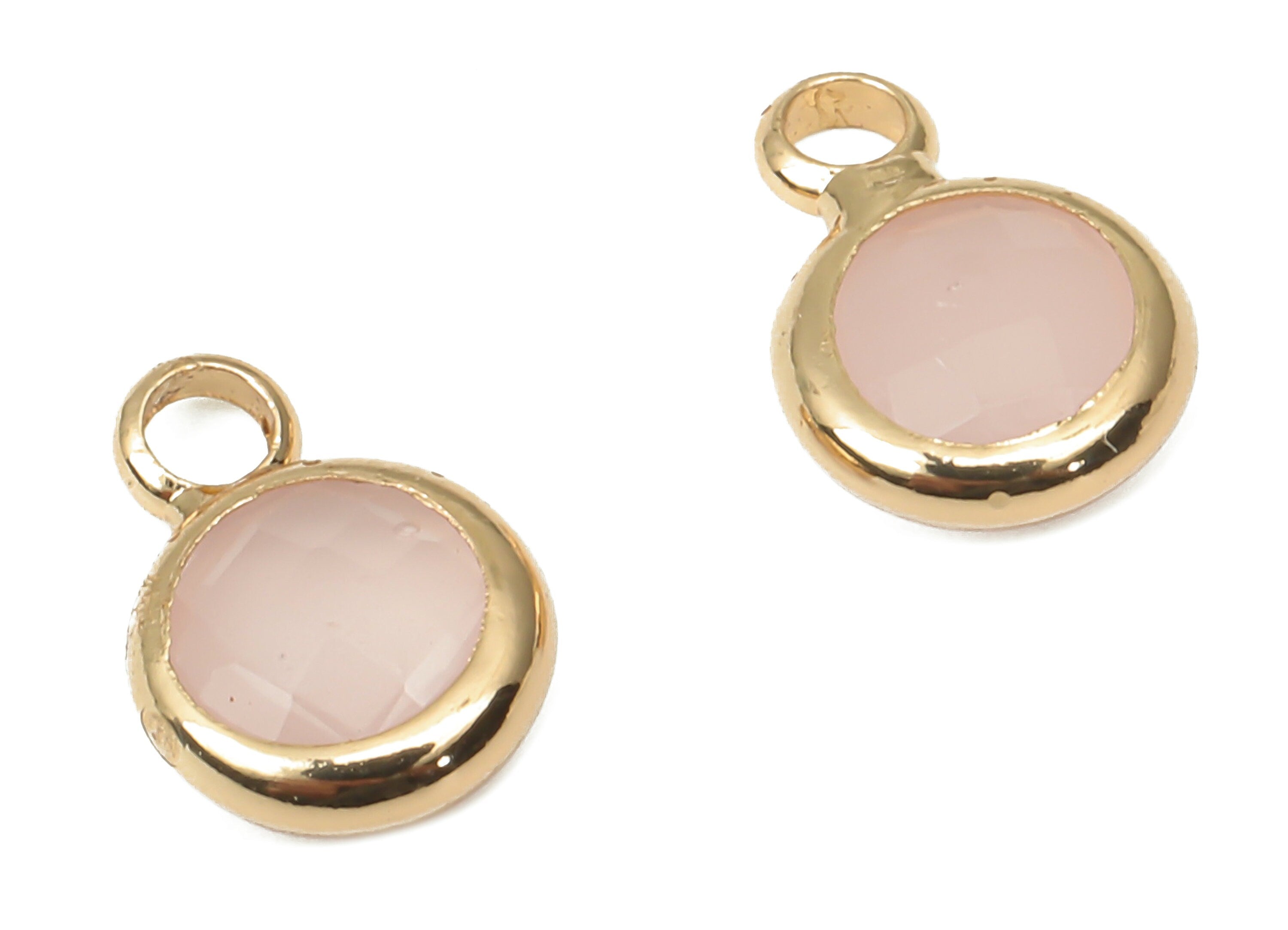 Glass Mini Round Earring Charms with Loop - Circle Bracelet Charm - Gold Tone Plated Brass - Faceted Pink Glass - 9.6x6.53x2.57mm - GS1143A - DOMEDBAZAAR
