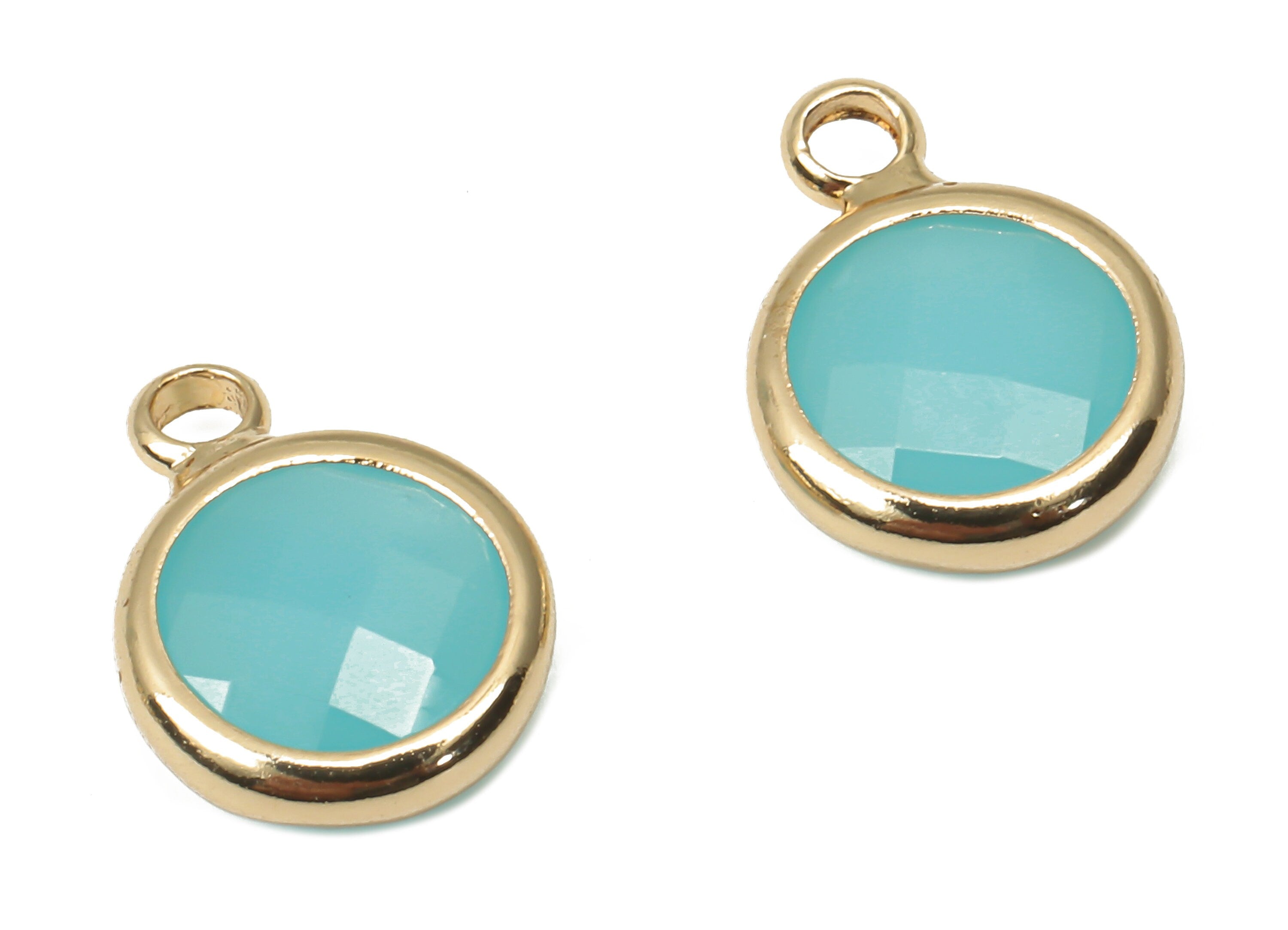 Glass Round Earring Charms with Loop - Blue Brass Circle Frame Pendant - Gold Tone Plated Brass - Faceted Glass - 11.5x8.66x3.02mm - GS1142A - DOMEDBAZAAR
