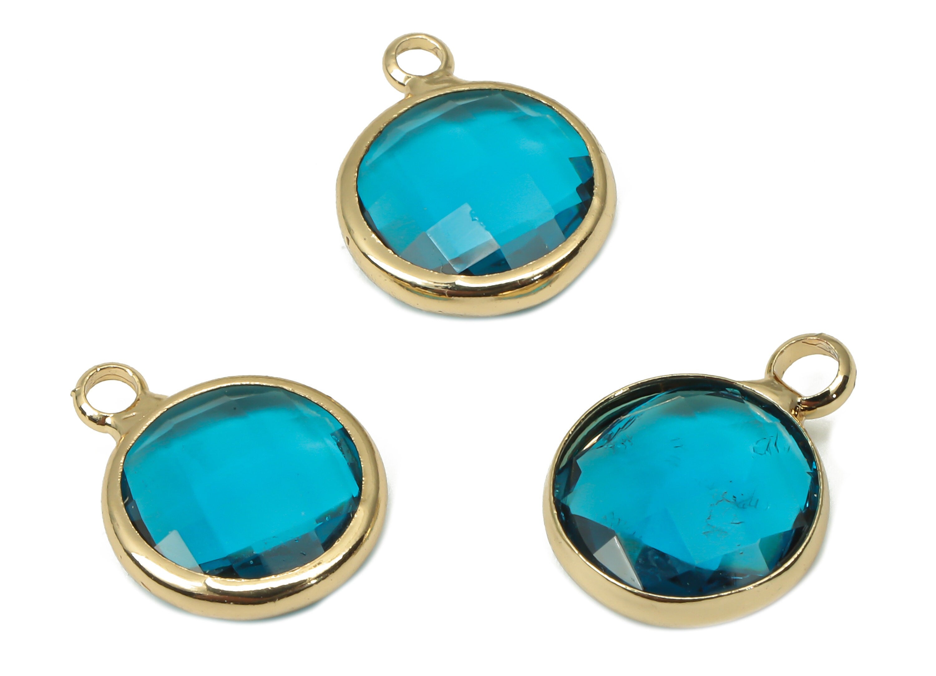 Glass Round Earring Charms with Loop - Blue Brass Circle Frame Pendant - Gold Tone Plated Brass - Faceted Glass - 14.1x10.6x3.8mm - GS1141F - DOMEDBAZAAR