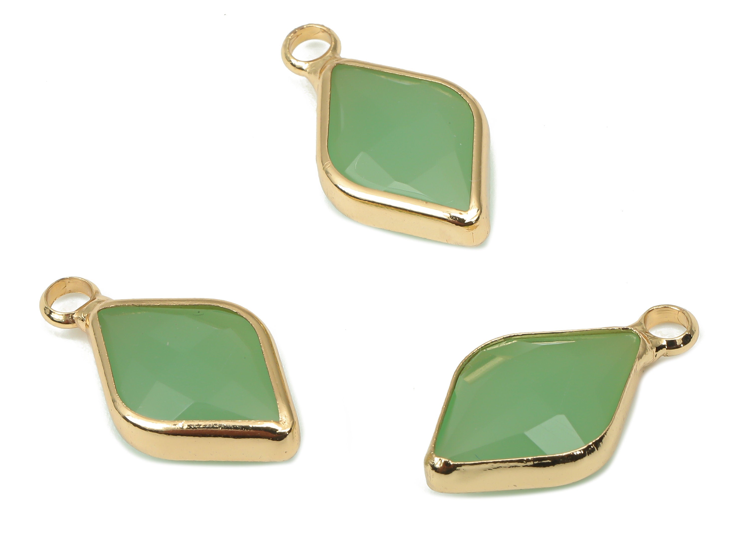 Glass Rhombic Earring Charms - Green Brass Rhombic Frame Pendant - Gold Tone Plated Brass - Faceted Glass - 17.83x9.95x4.86mm - GS1146B - DOMEDBAZAAR