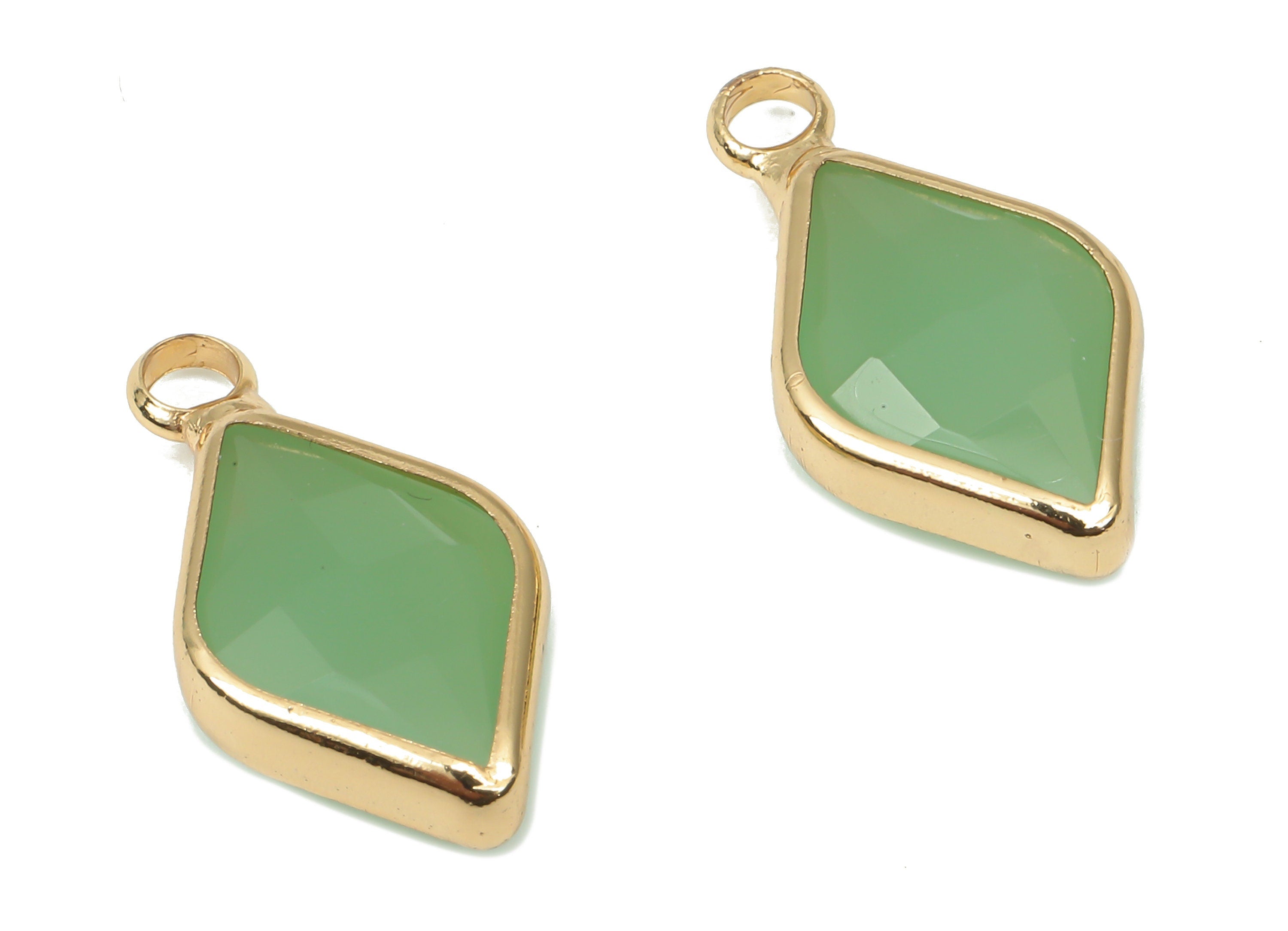Glass Rhombic Earring Charms - Green Brass Rhombic Frame Pendant - Gold Tone Plated Brass - Faceted Glass - 17.83x9.95x4.86mm - GS1146B - DOMEDBAZAAR