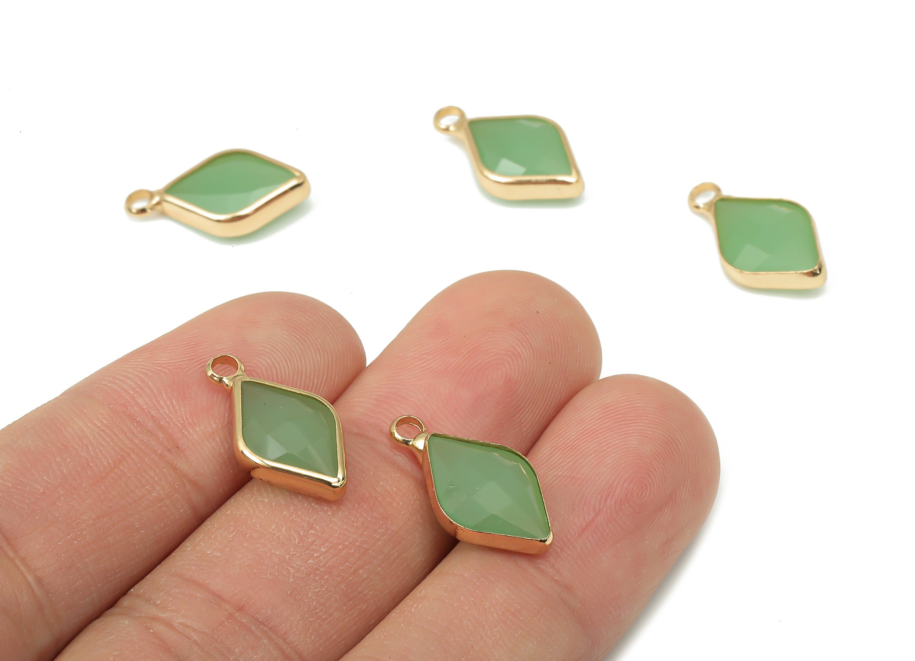 Glass Rhombic Earring Charms - Green Brass Rhombic Frame Pendant - Gold Tone Plated Brass - Faceted Glass - 17.83x9.95x4.86mm - GS1146B - DOMEDBAZAAR
