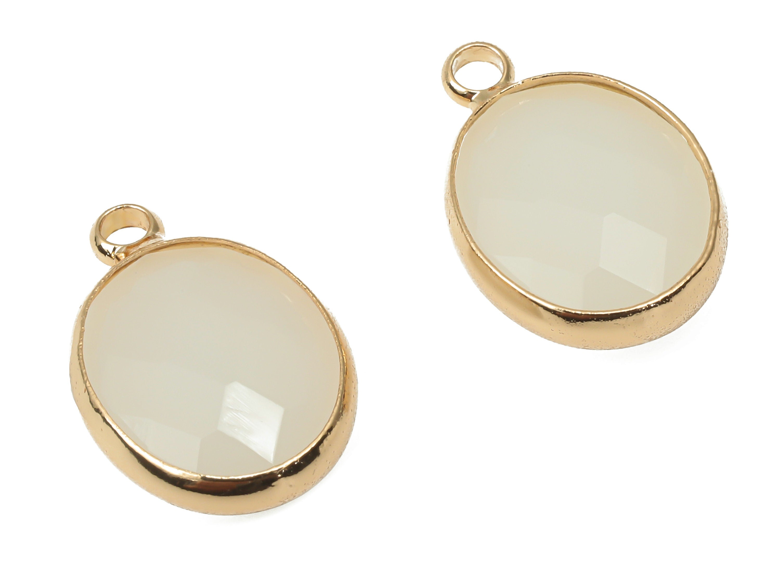 Glass Oval Earring Charms With Loop - White Brass Oval Frame Pendant - Gold Tone Plated Brass - Faceted Glass - 16.08x10.6x4.38mm - GS1145B - DOMEDBAZAAR