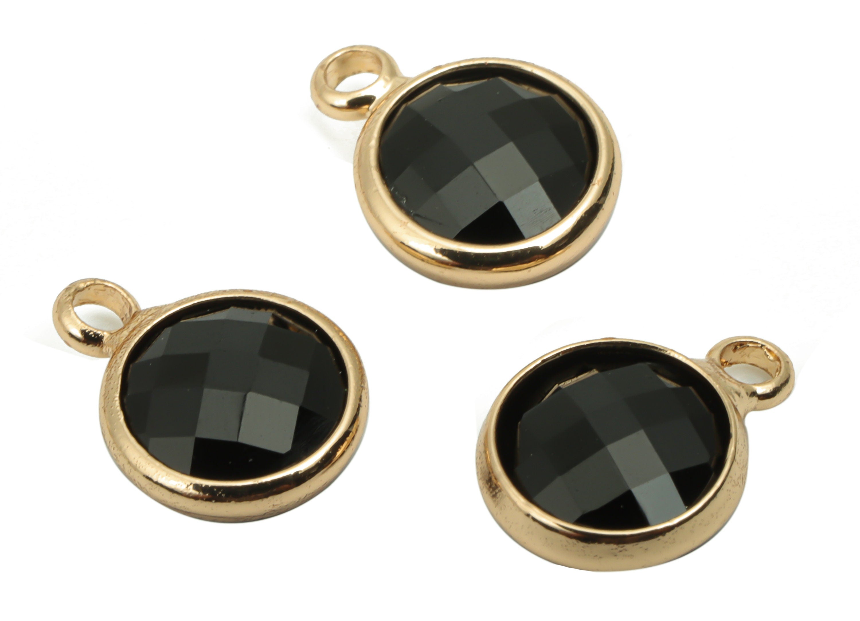 Glass Round Earring Charms With Loop - Brass Circle Frame Pendant - Gold Tone Plated Brass - Faceted Glass - 11.59x8.72x3.75mm - GS1120F - DOMEDBAZAAR