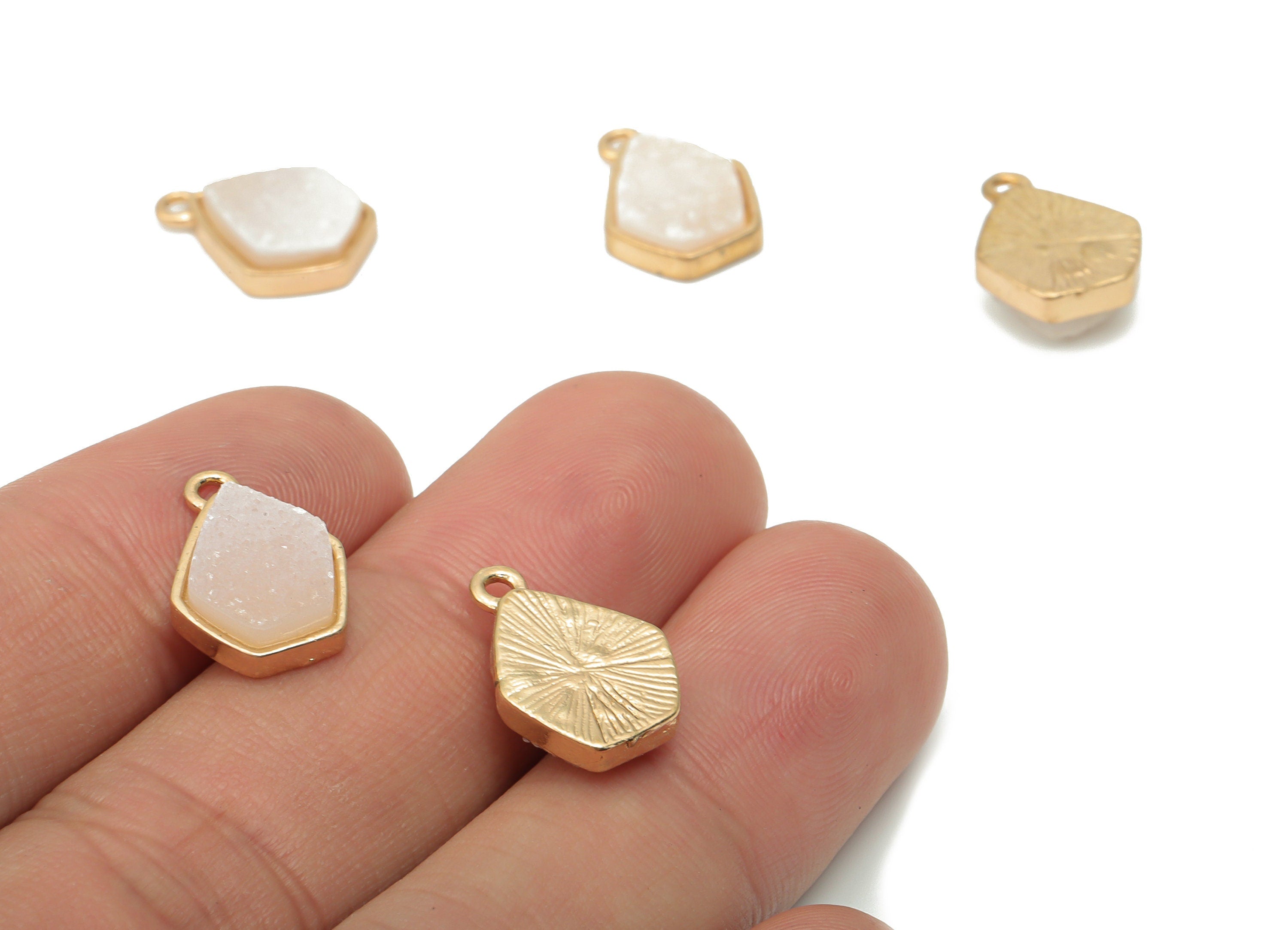 Pink Quartz Crystal Earring Charms - Brass Diamond Drop Pendant - Natural Stone - Gold Tone Plated Brass – 15.56x10.33x4.21mm – NS1748 - DOMEDBAZAAR