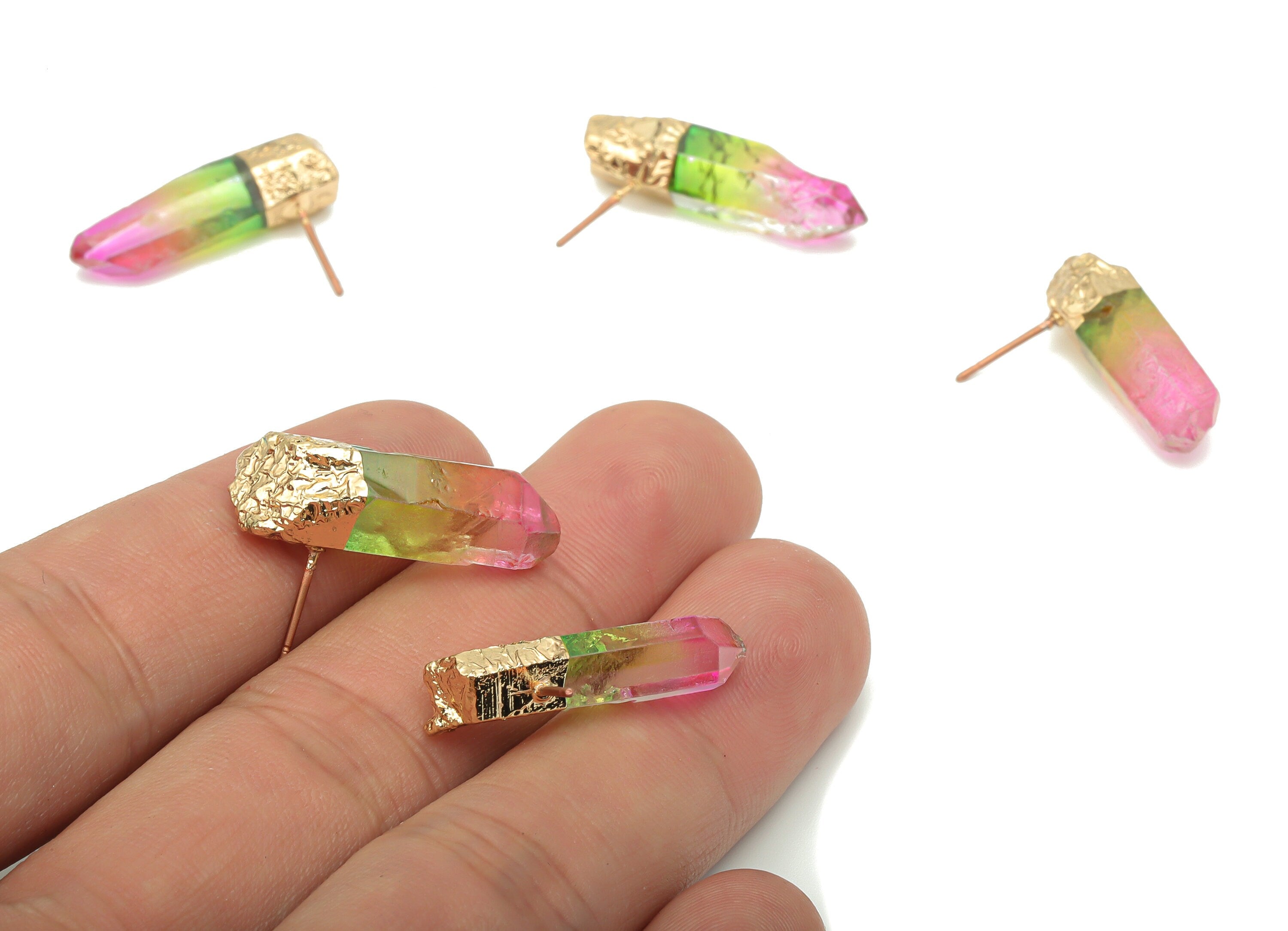 Rainbow Aura Quartz Crystal Earring Stud - Natural Stone Earring Post - Gold Tone Plated Stone – Stainless Steel Stud - 24x7x6mm –NS1742B - DOMEDBAZAAR