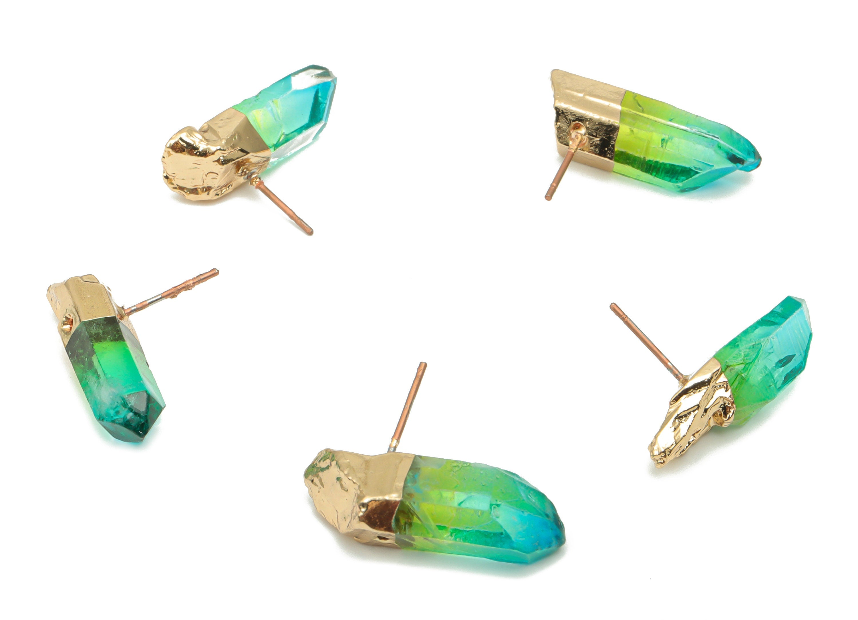 Green Aura Quartz Crystal Earring Stud - Natural Stone Earring Post - Gold Tone Plated Stone – Stainless Steel Stud - 24x8x8mm – NS1742A - DOMEDBAZAAR