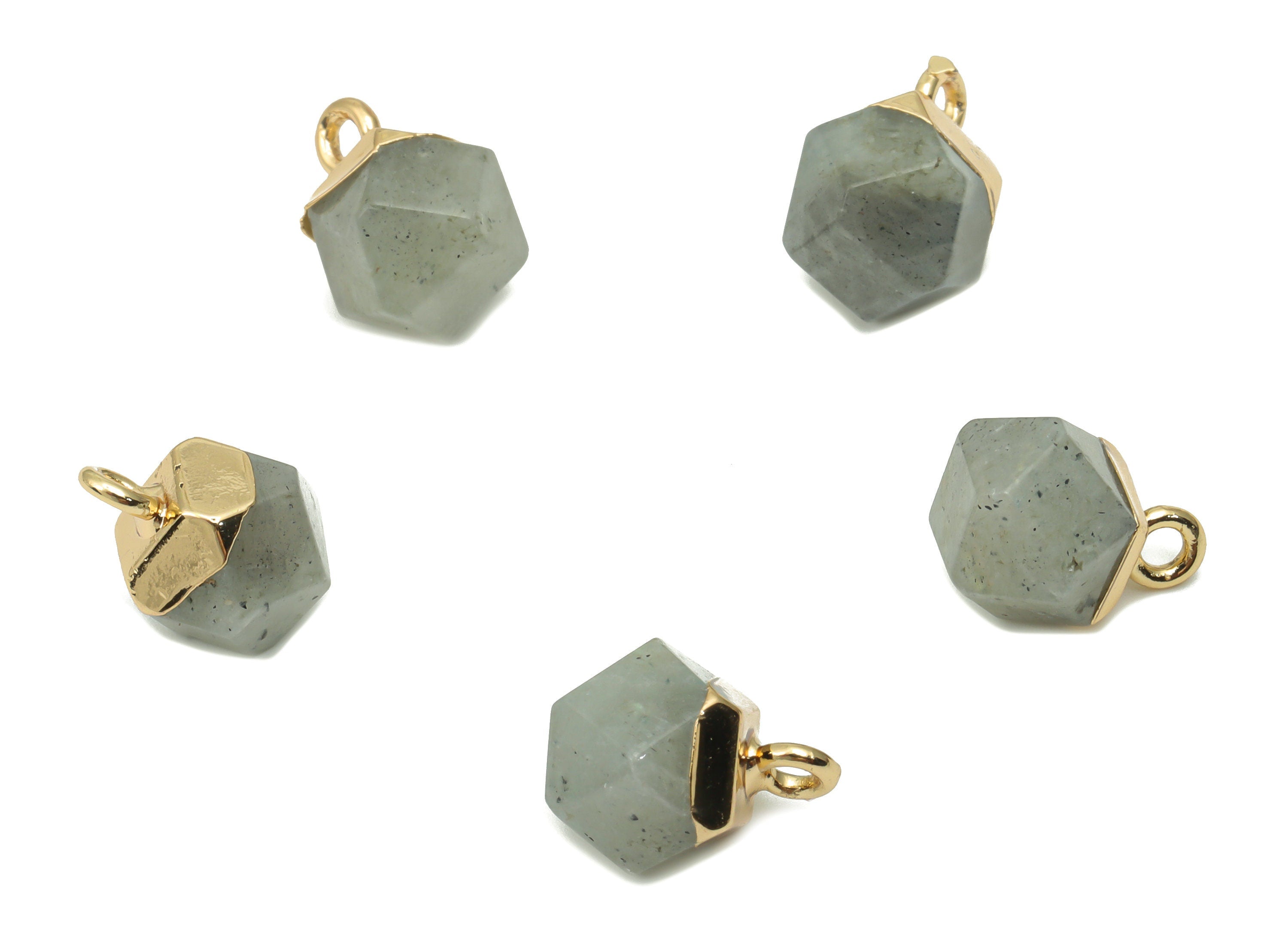 Labradorite Hexagon Earring Charms - Iron Hexagon Pendant - Faceted Natural Stone - Gold Tone Plated Iron – 11.56x7.96x7.96mm – NS1849D - DOMEDBAZAAR