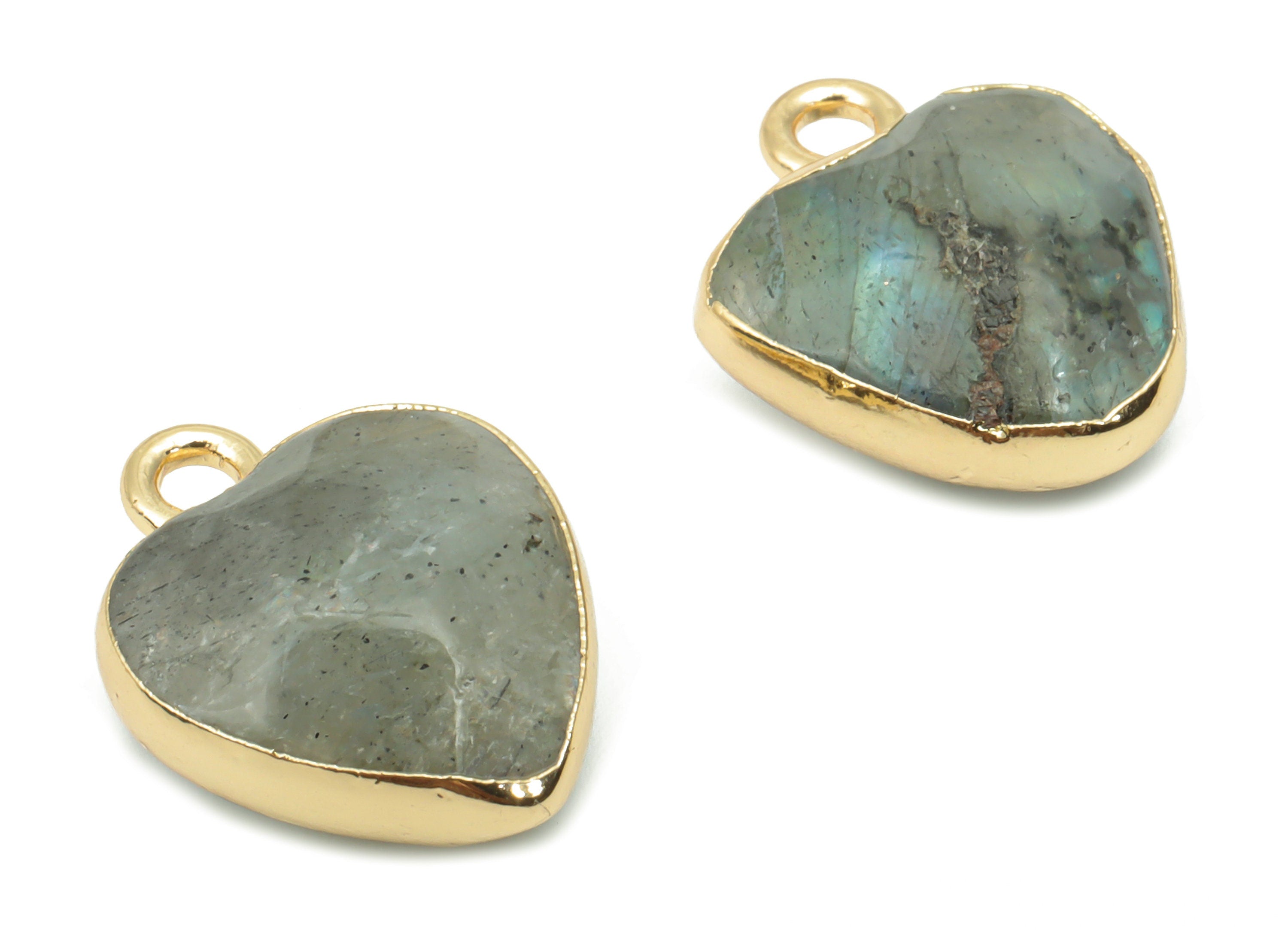 Labradorite Heart Earring Charms - Brass Wire Heart Pendant - Faceted Natural Stone - Gold Tone Plated Brass – 15.9x12.77x6.57mm – NS1754E - DOMEDBAZAAR