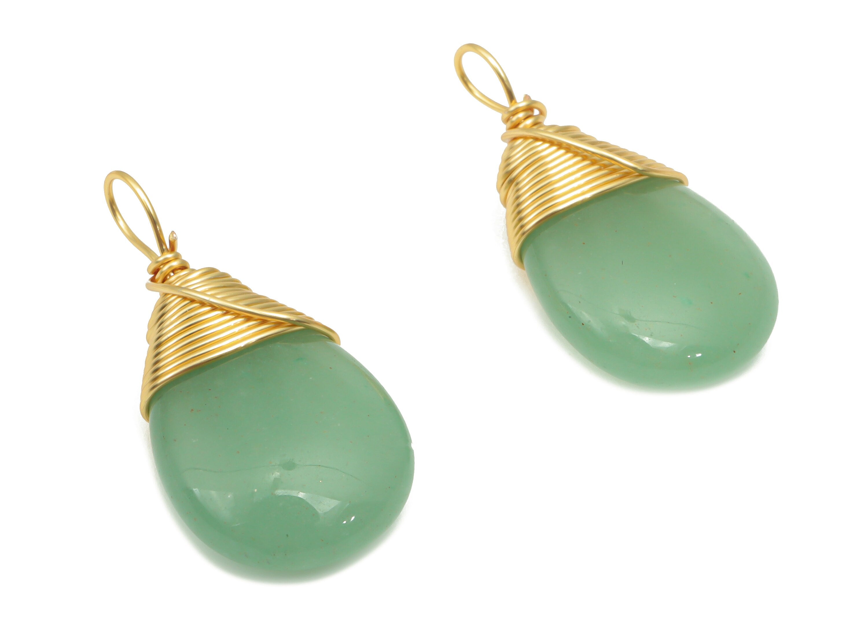 Aventurine Drop Earring Charms - Brass Wire Wrapped Teardrop Pendant - Natural Stone - Gold Tone Plated Brass – 24.89x12.7x5.7mm – NS1751A - DOMEDBAZAAR