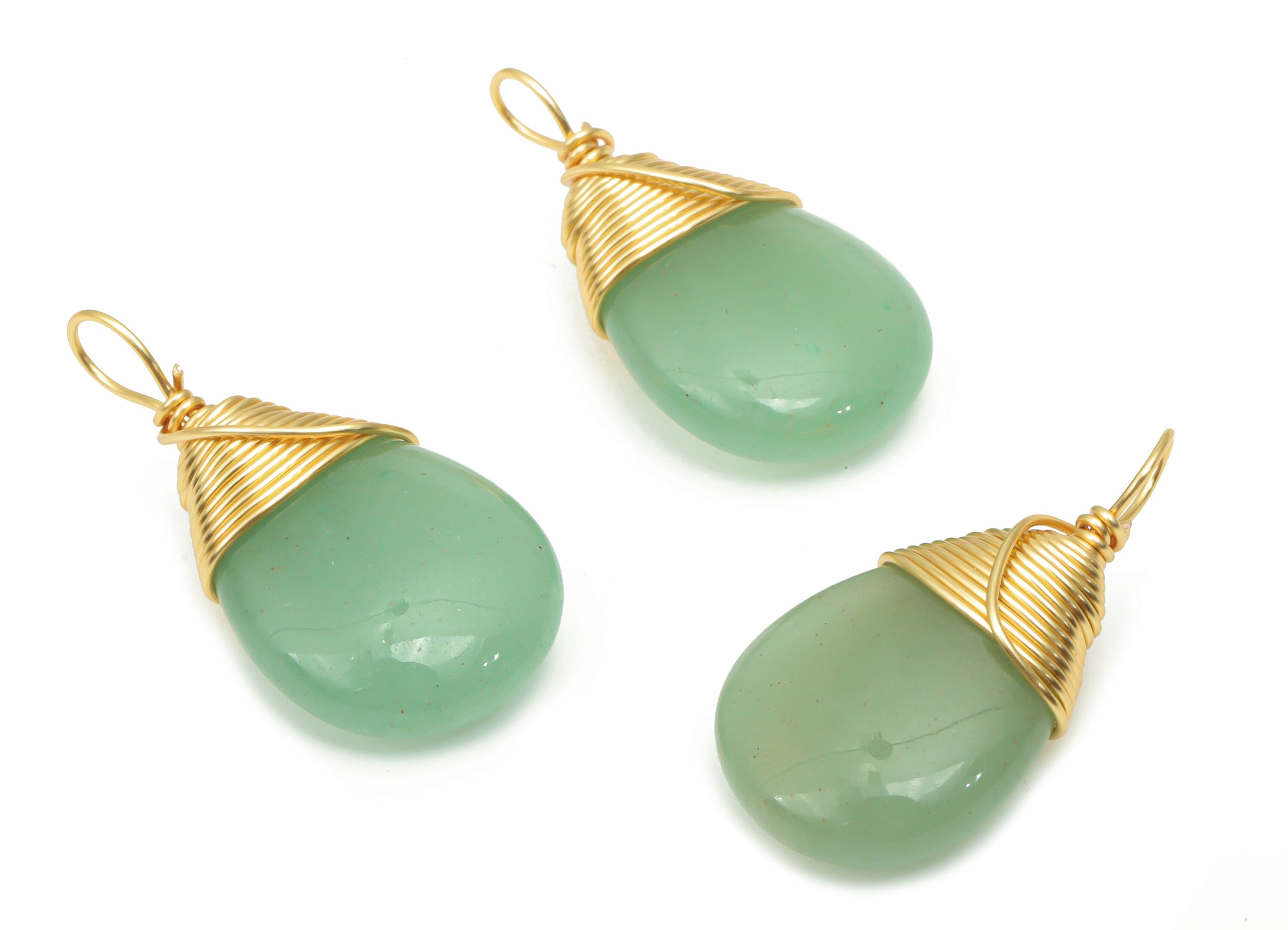 Aventurine Drop Earring Charms - Brass Wire Wrapped Teardrop Pendant - Natural Stone - Gold Tone Plated Brass – 24.89x12.7x5.7mm – NS1751A - DOMEDBAZAAR